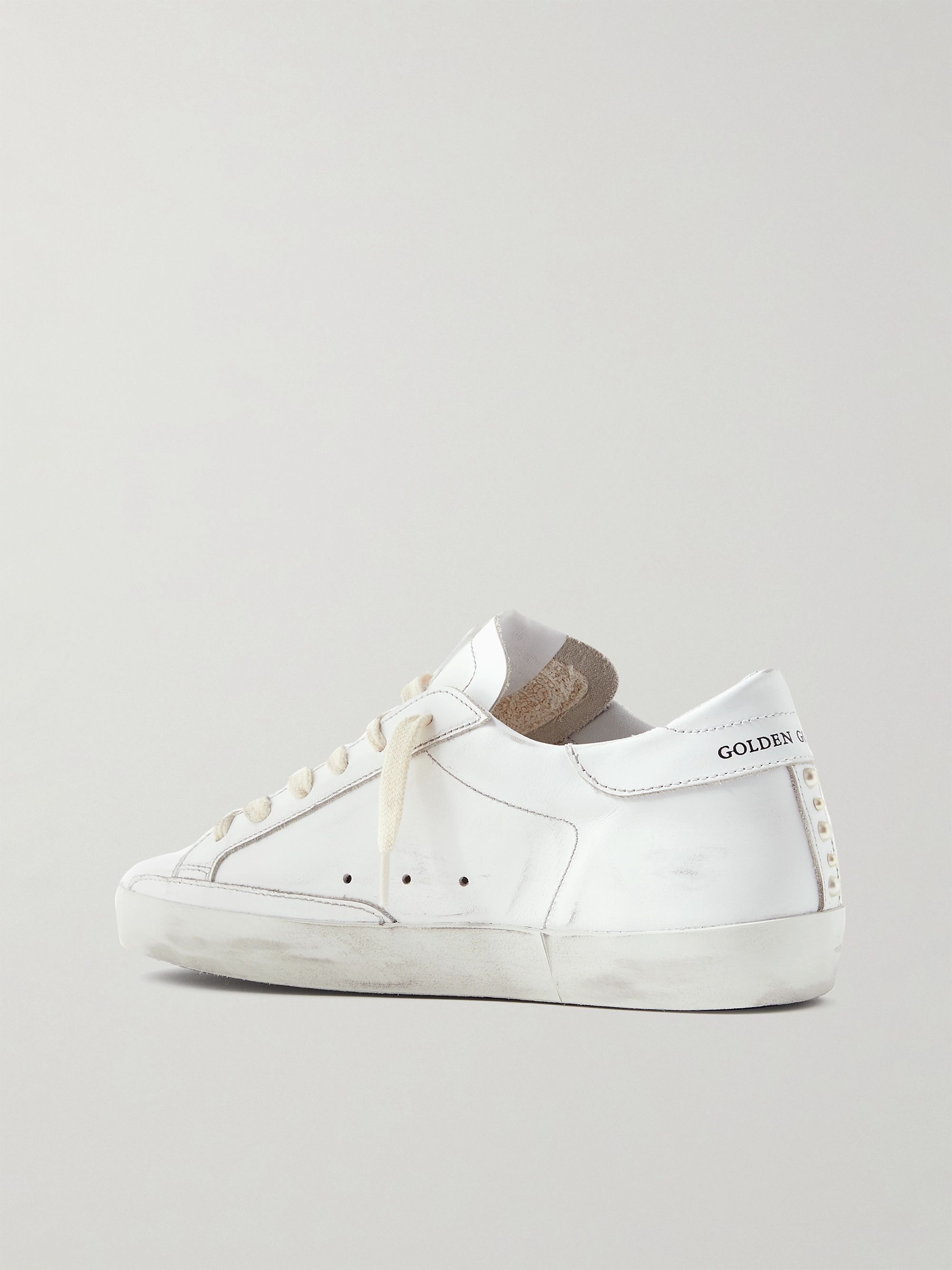 White Superstar faux pearlembellished distressed leather sneakers