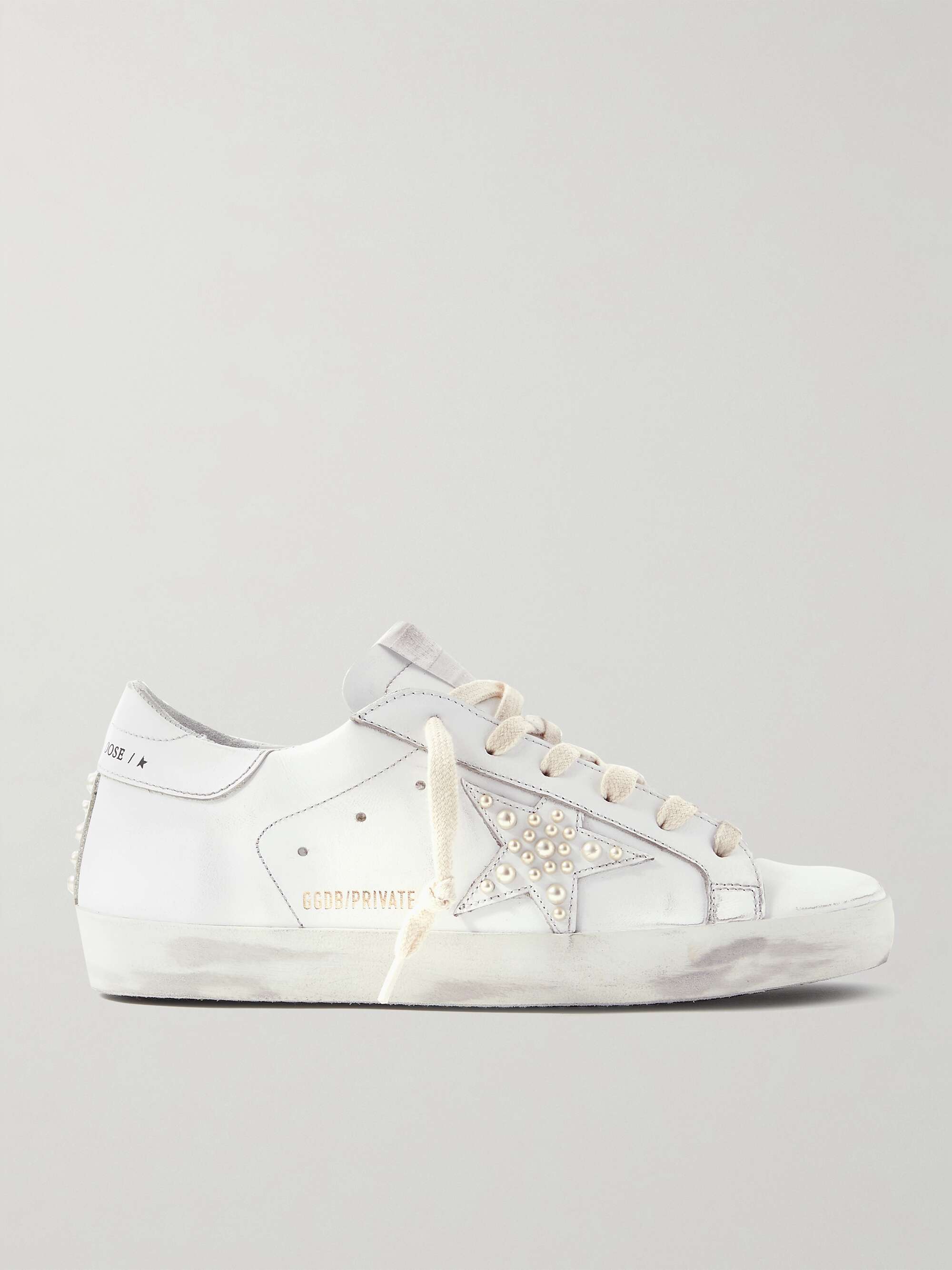 White Superstar faux pearl-embellished distressed leather sneakers ...