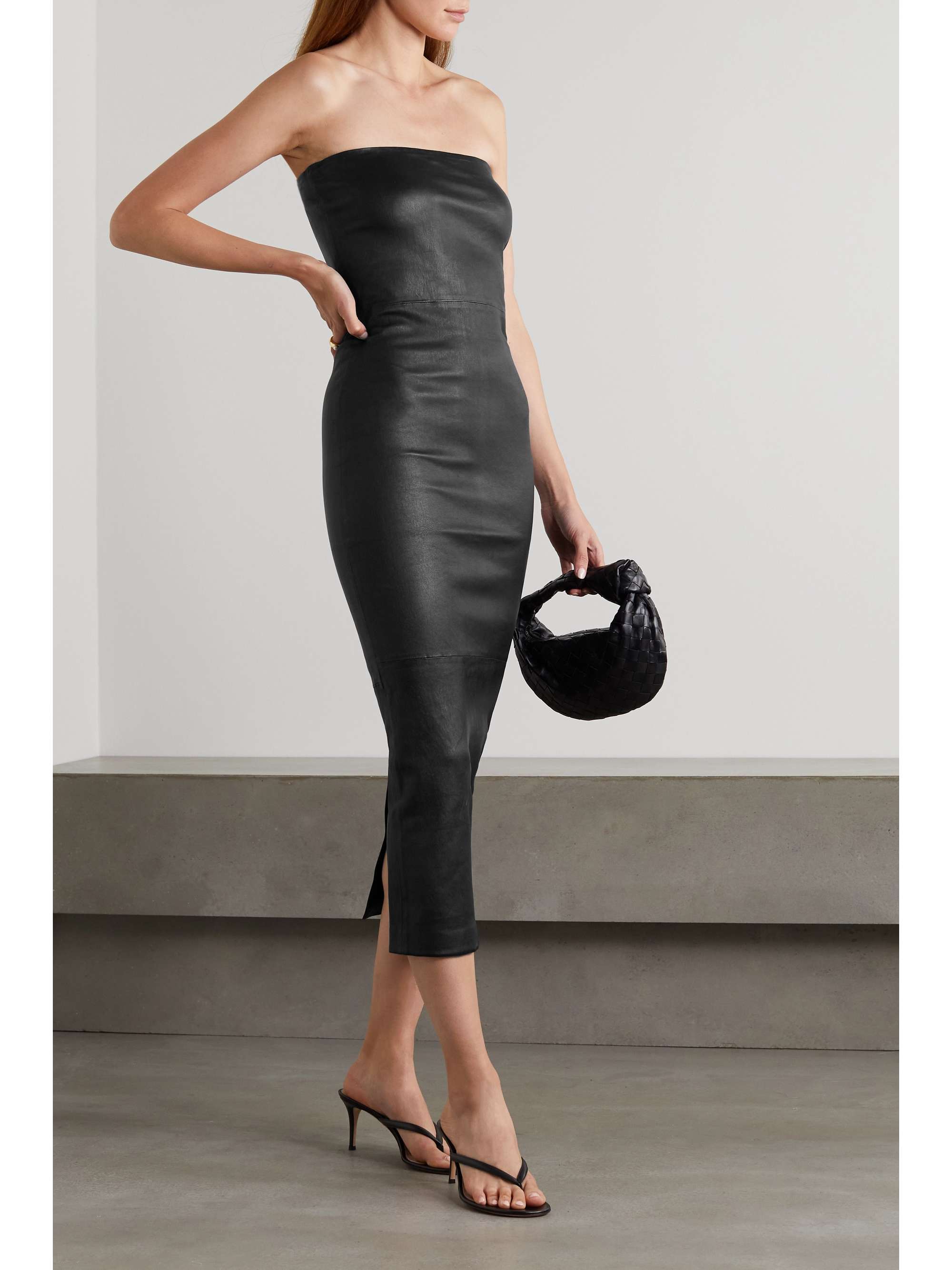 black strapless dress midi