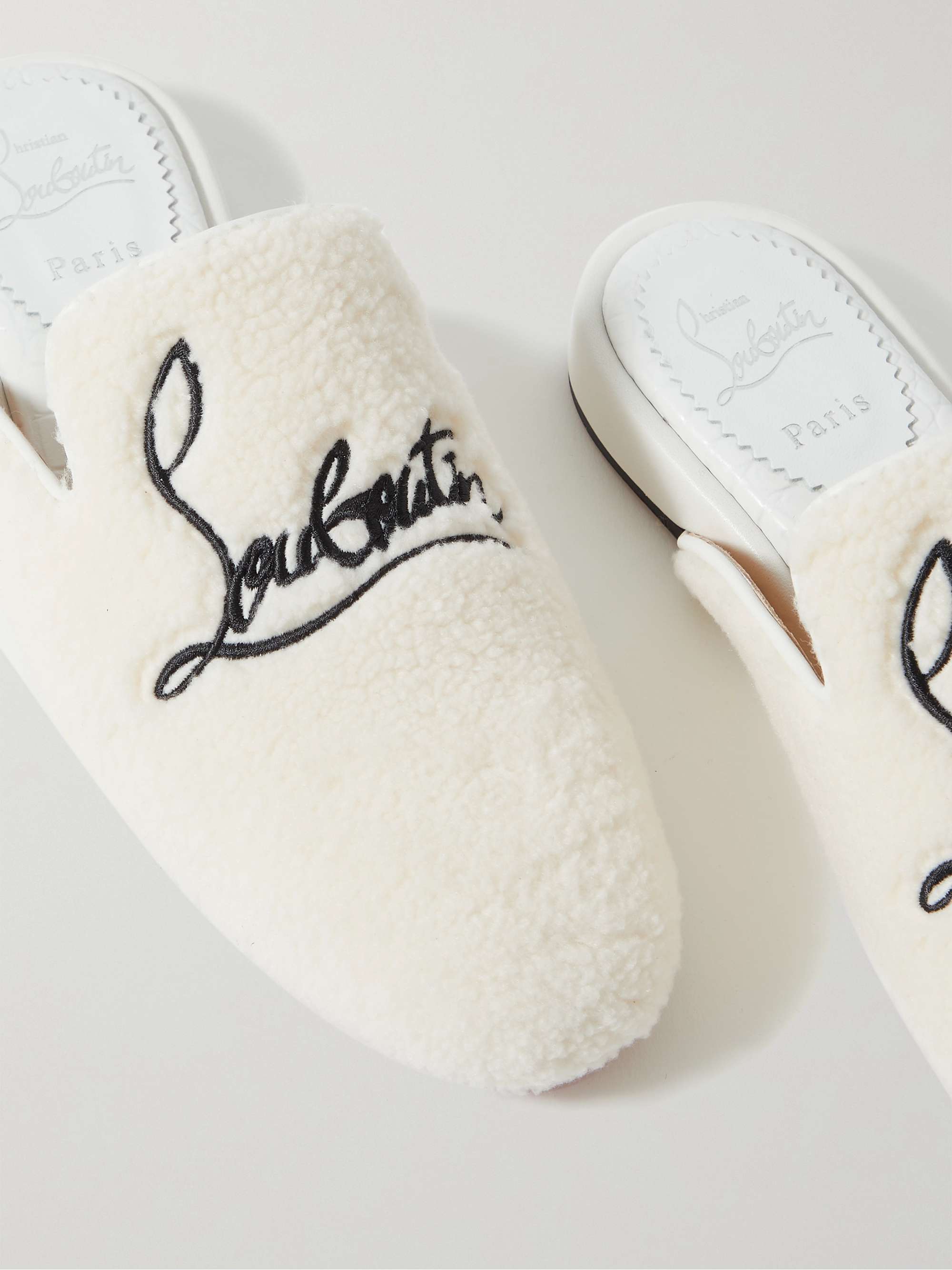 White Donna logo-embroidered faux shearling slippers | CHRISTIAN | NET-A-PORTER