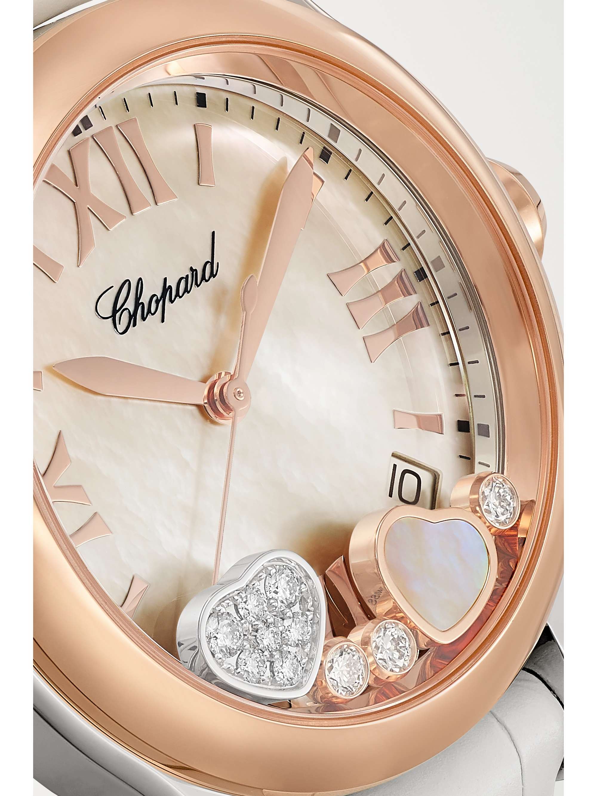 CHOPARD Happy Sport 36 mm Uhr aus 18 Karat Roségold und Edelstahl mit Perlmutt, Diamanten und Alligatorlederarmband