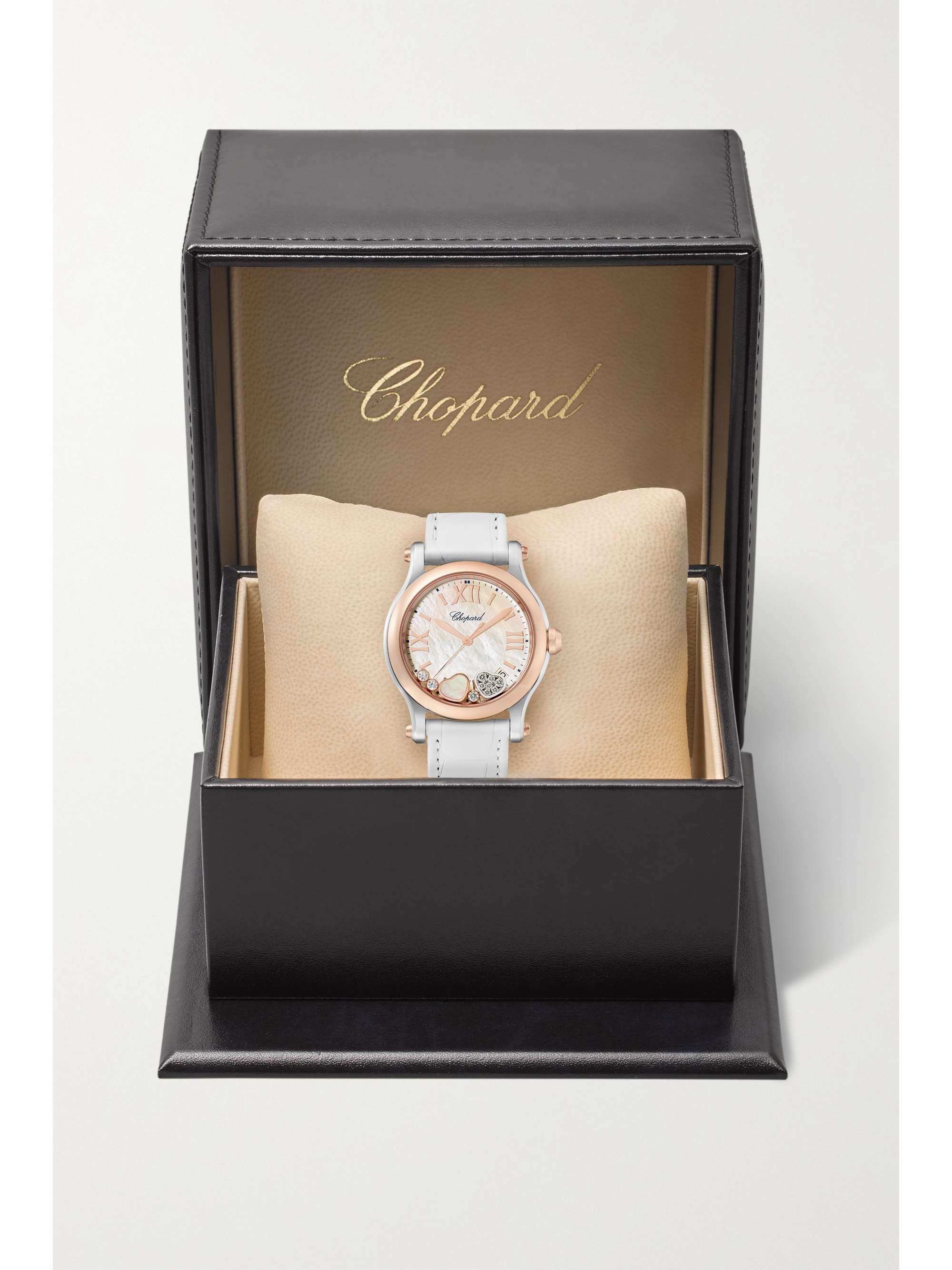 CHOPARD Happy Sport 36 mm Uhr aus 18 Karat Roségold und Edelstahl mit Perlmutt, Diamanten und Alligatorlederarmband