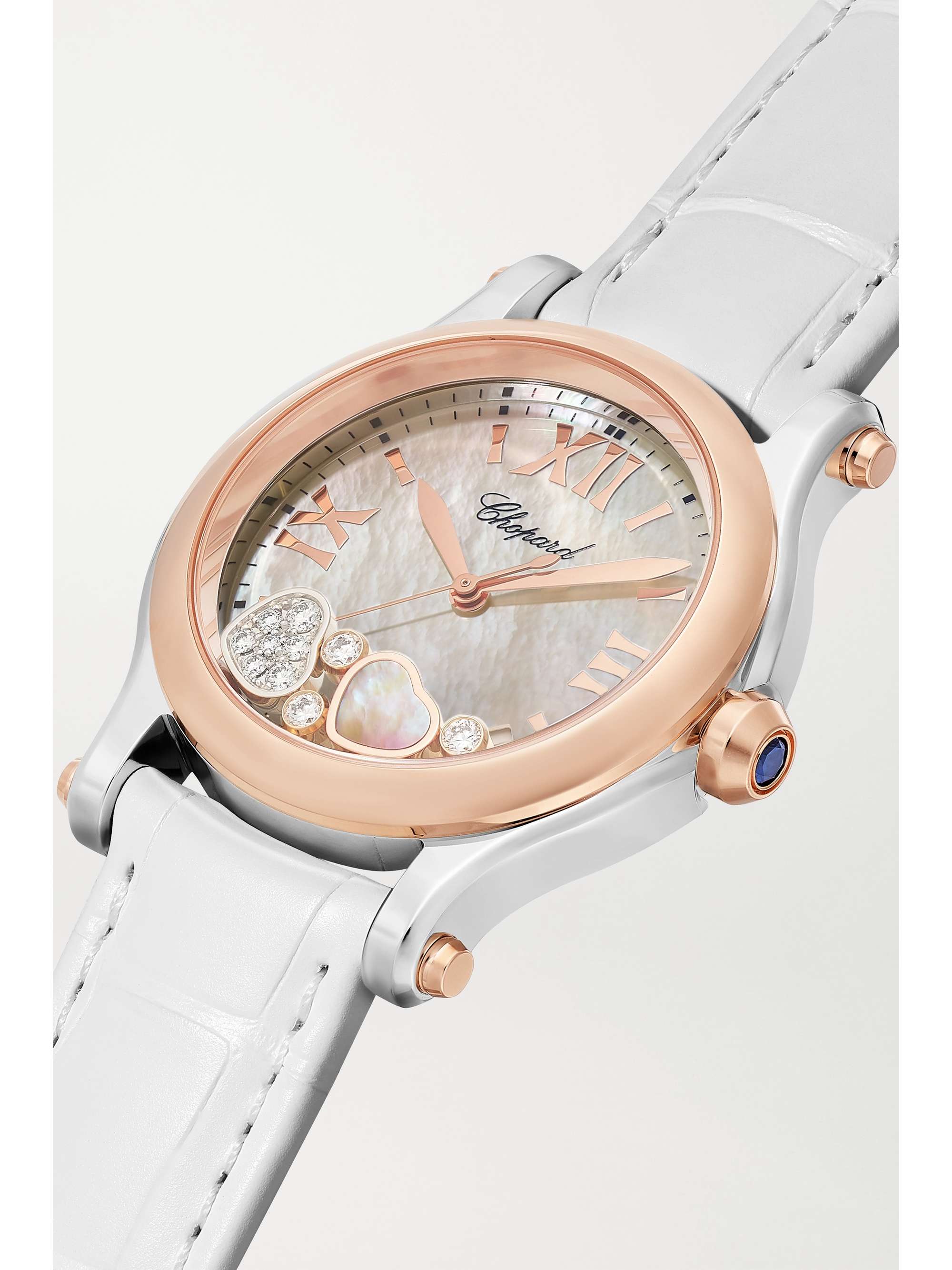 CHOPARD Happy Sport 36 mm Uhr aus 18 Karat Roségold und Edelstahl mit Perlmutt, Diamanten und Alligatorlederarmband