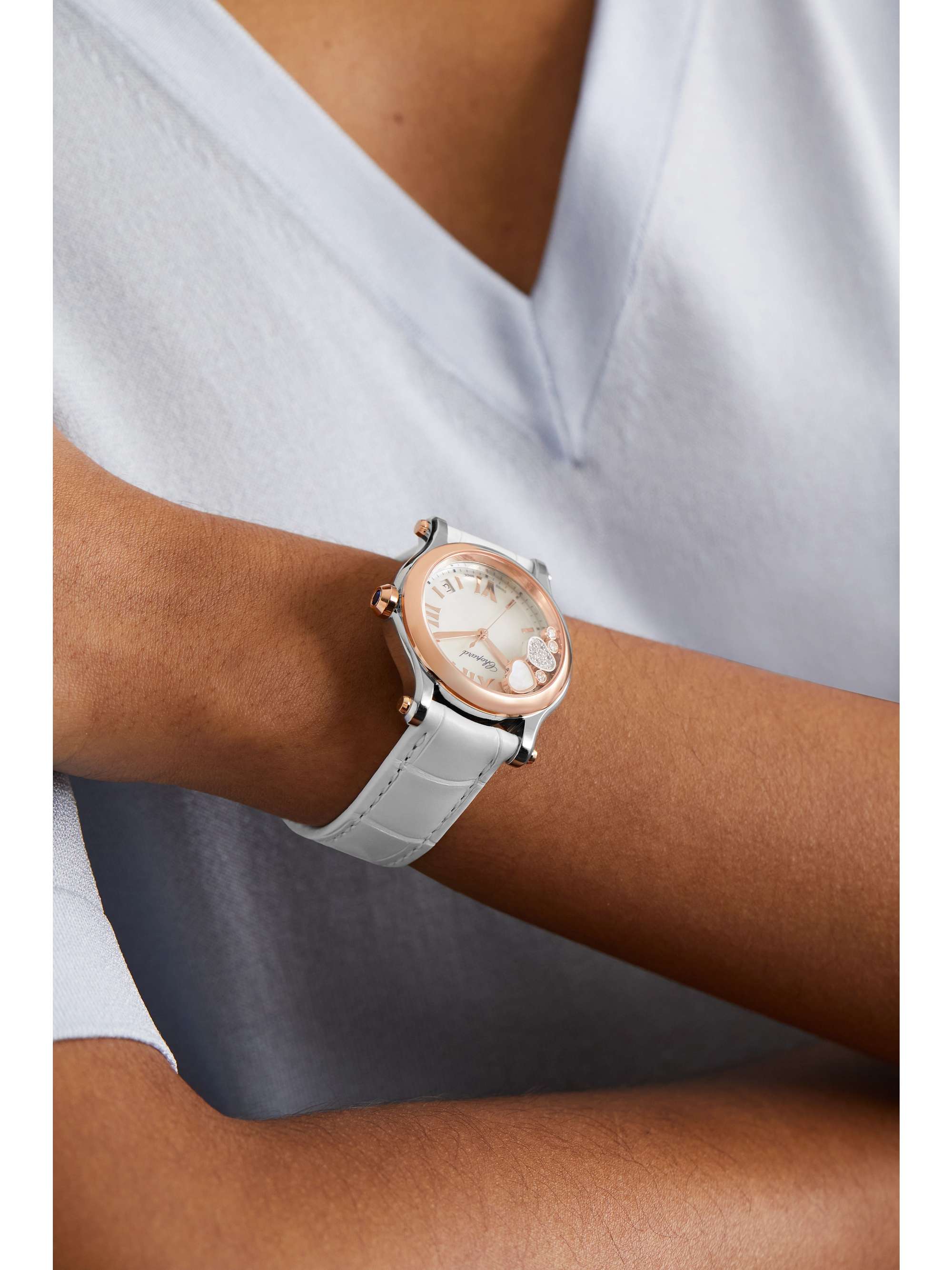 CHOPARD Happy Sport 36 mm Uhr aus 18 Karat Roségold und Edelstahl mit Perlmutt, Diamanten und Alligatorlederarmband