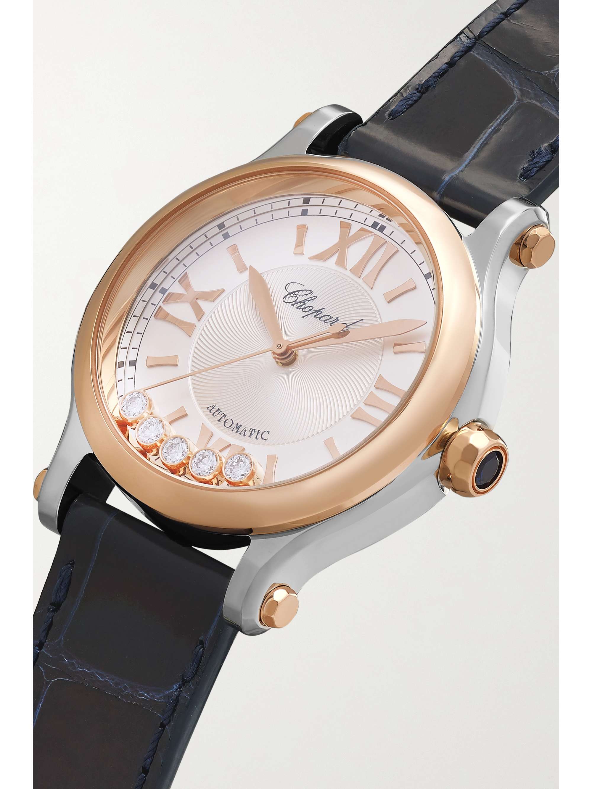 CHOPARD Happy Sport Automatic 33mm 18-karat rose gold, stainless steel, alligator and diamond watch