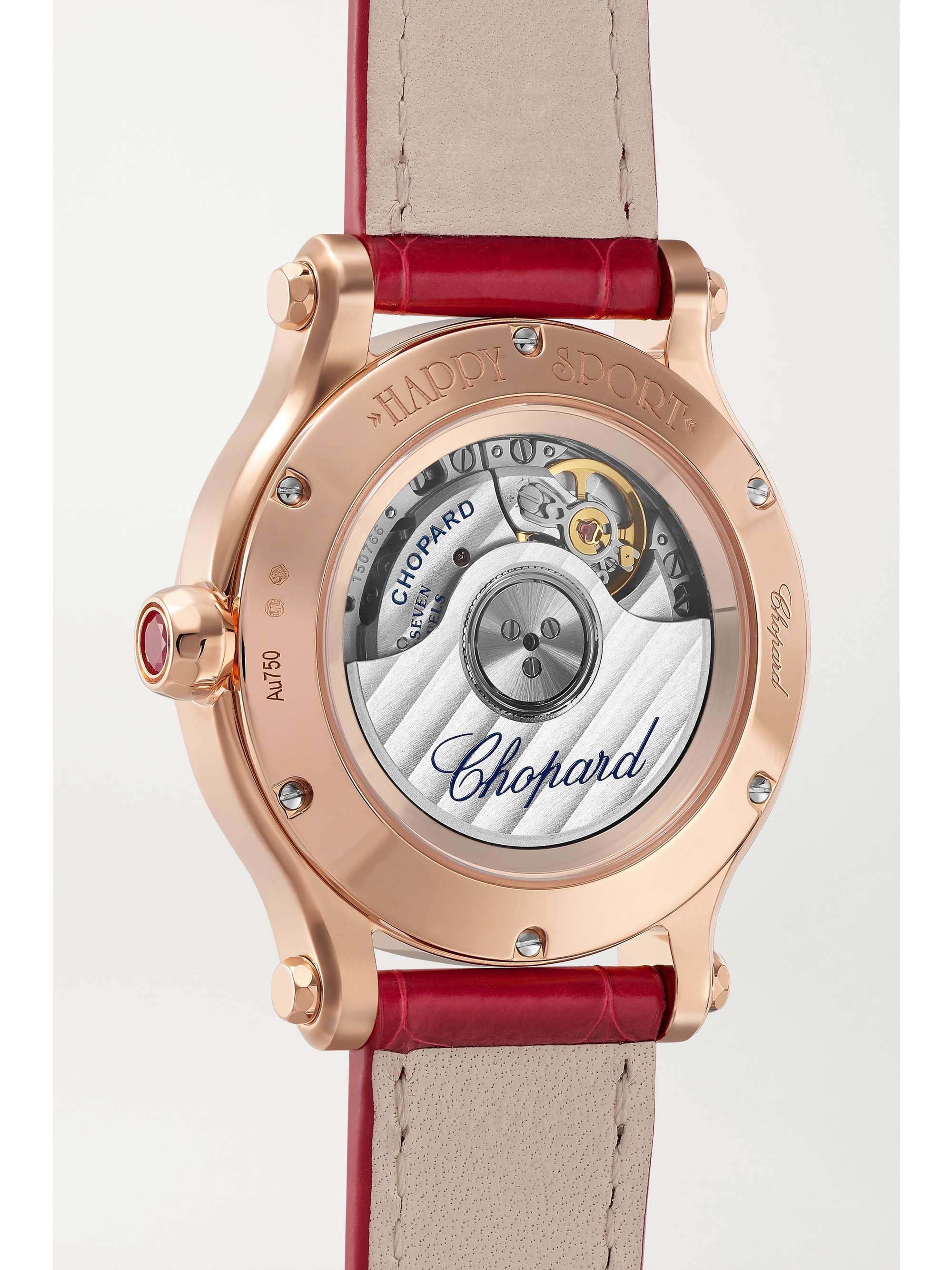 CHOPARD Happy Sport Automatic 33mm 18-karat rose gold, alligator, mother-of-pearl and diamond watch
