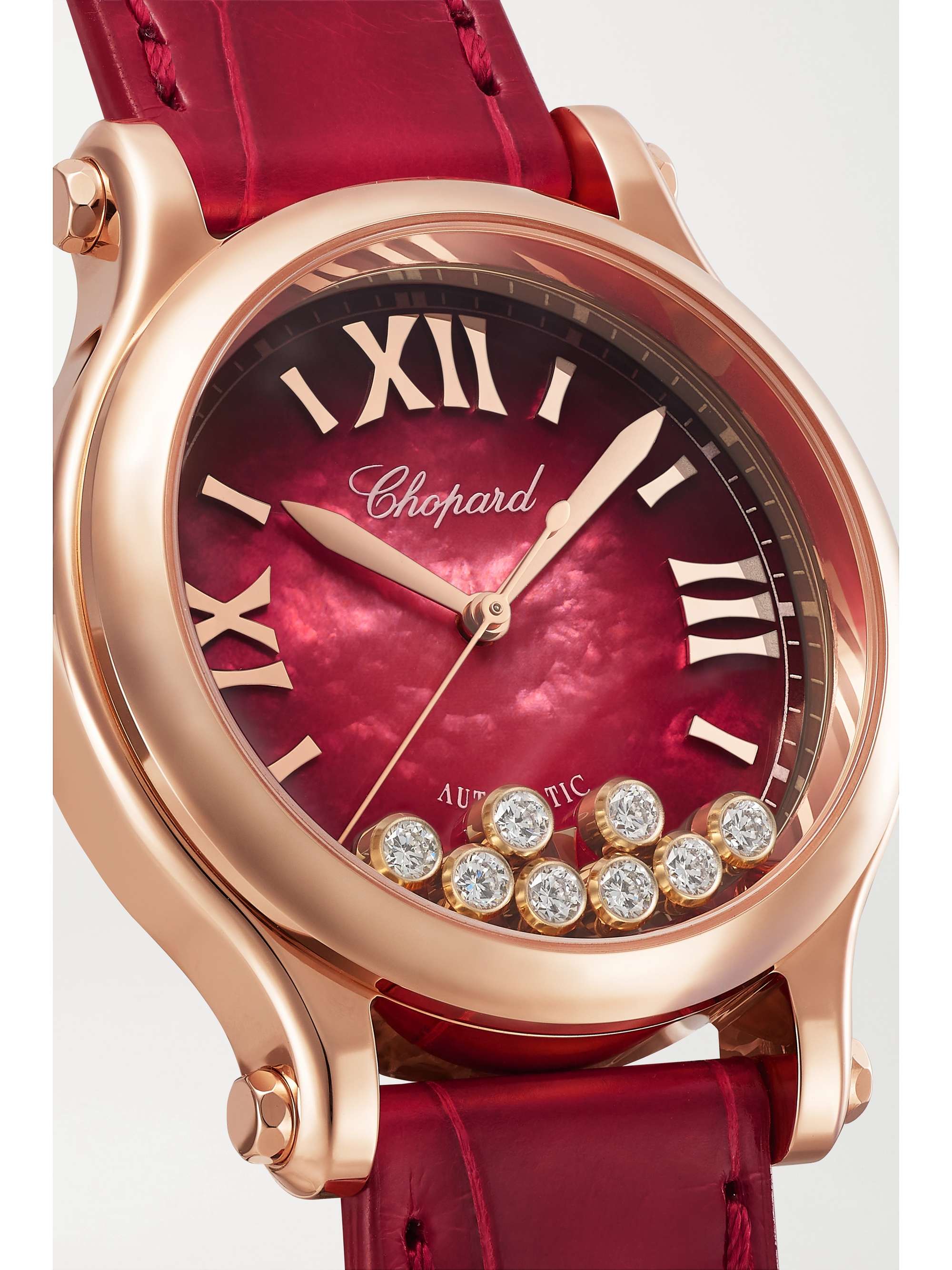 CHOPARD Happy Sport Automatic 33mm 18-karat rose gold, alligator, mother-of-pearl and diamond watch