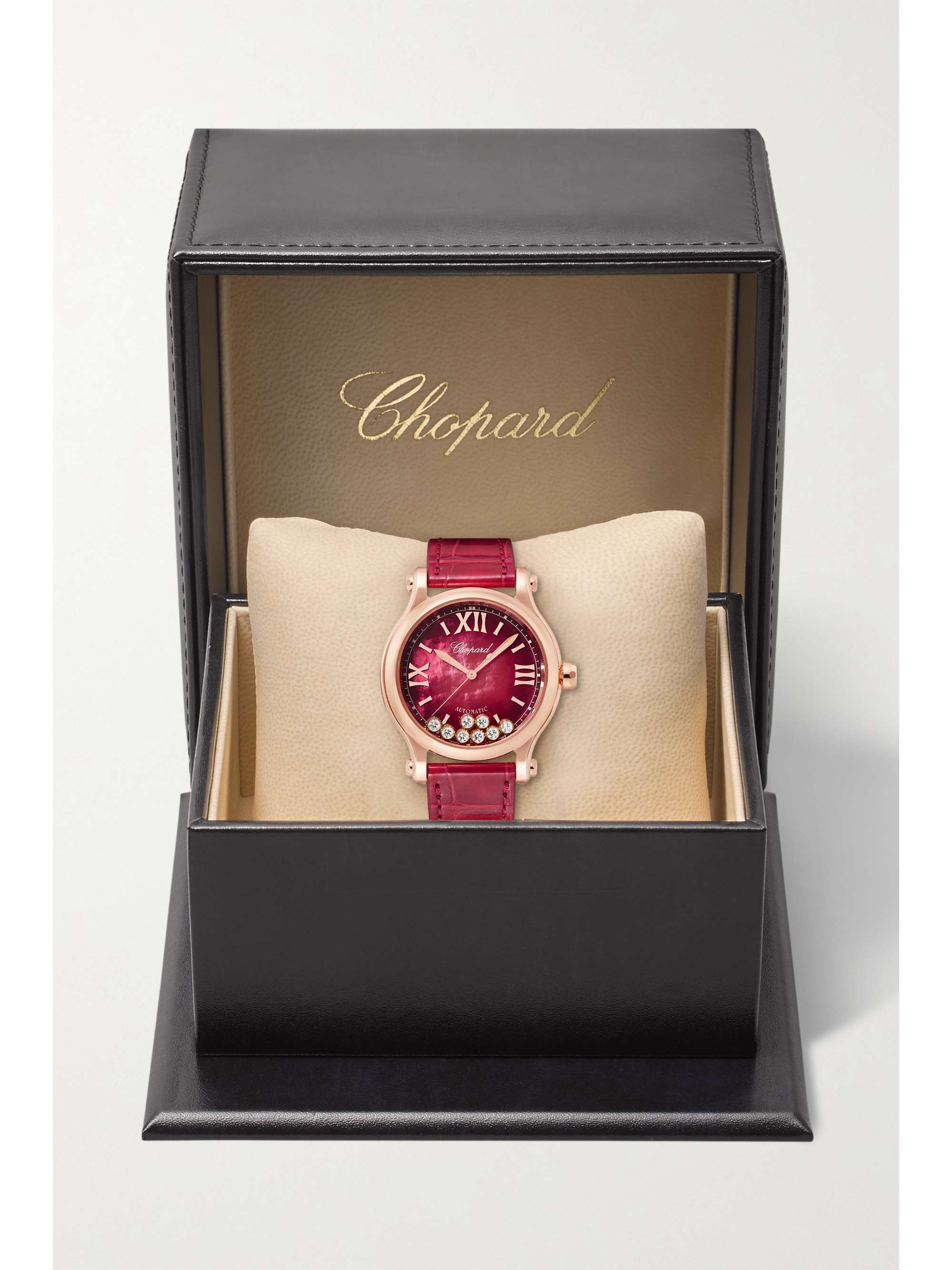 CHOPARD Happy Sport Automatic 33mm 18-karat rose gold, alligator, mother-of-pearl and diamond watch