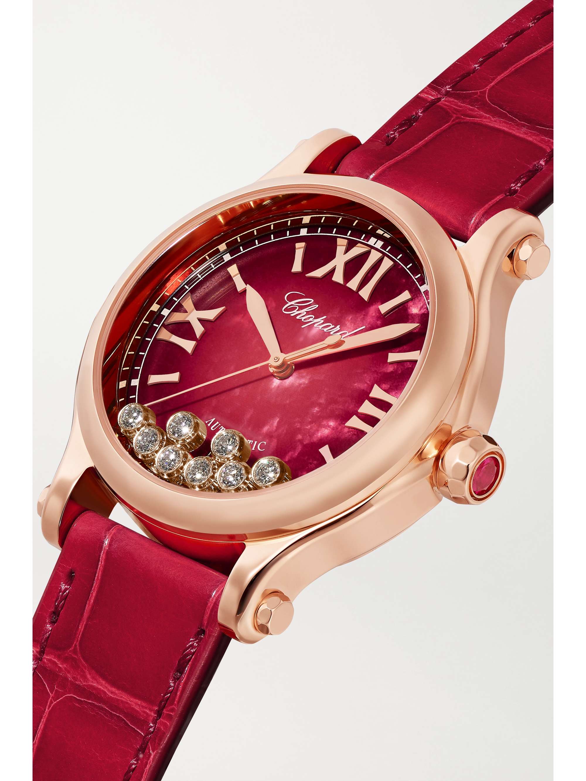 CHOPARD Happy Sport Automatic 33mm 18-karat rose gold, alligator, mother-of-pearl and diamond watch