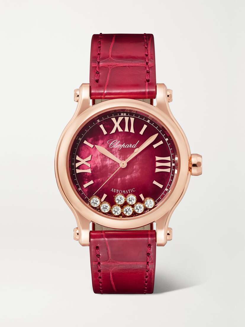 Chopard Happy Sport Automatic 33mm 18-karat Rose Gold, Alligator, Mother-of-pearl And Diamond Watch