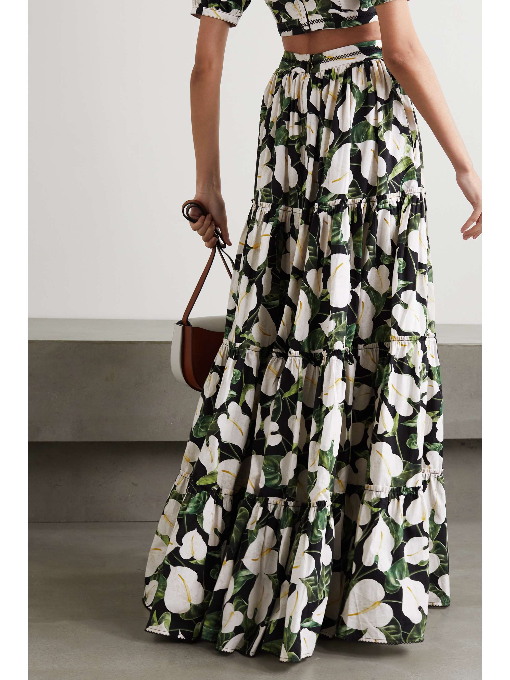 AGUA BY AGUA BENDITA Macadamia tiered floral-print cotton-poplin maxi skirt
