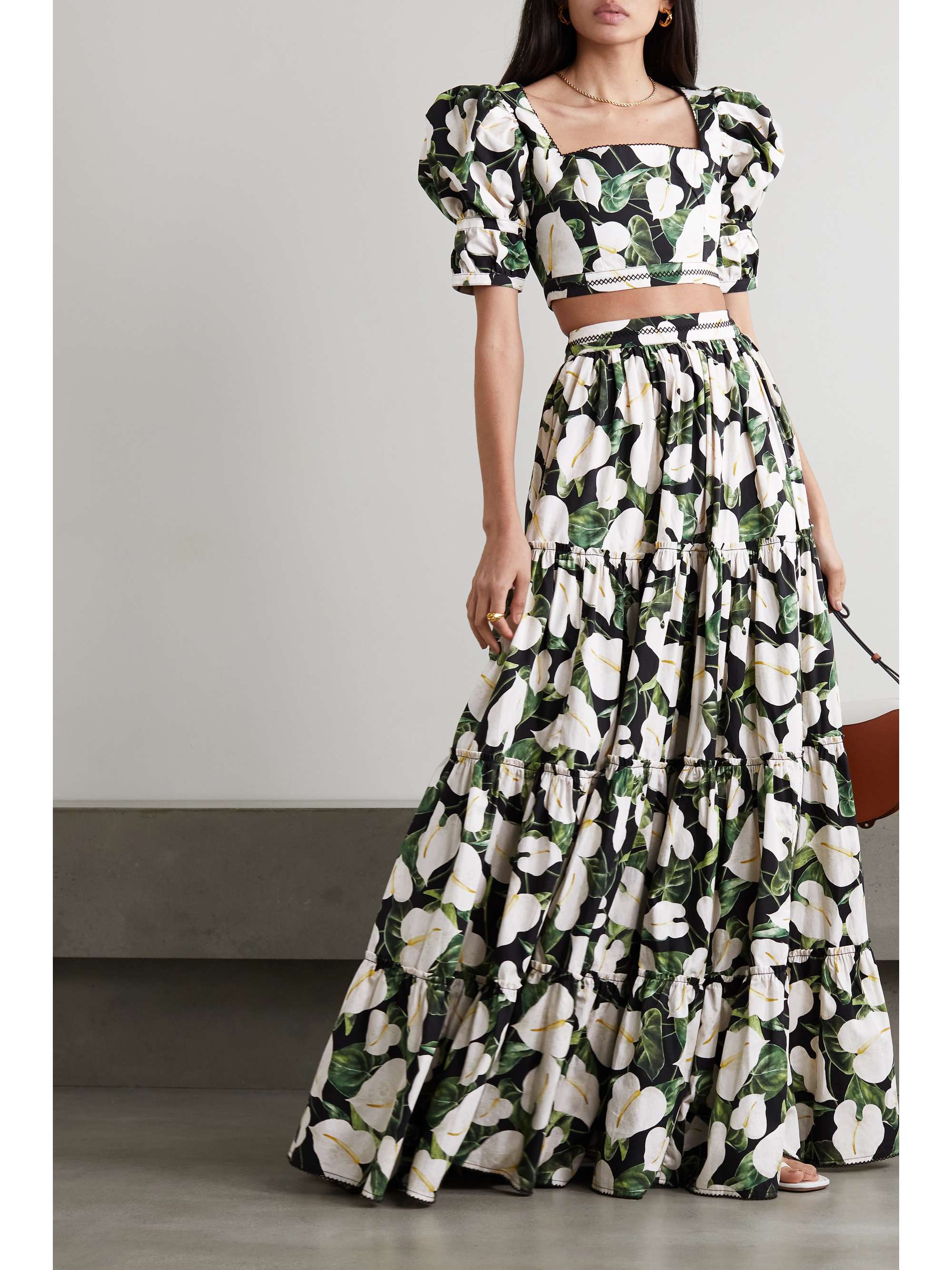 AGUA BY AGUA BENDITA Macadamia tiered floral-print cotton-poplin maxi skirt