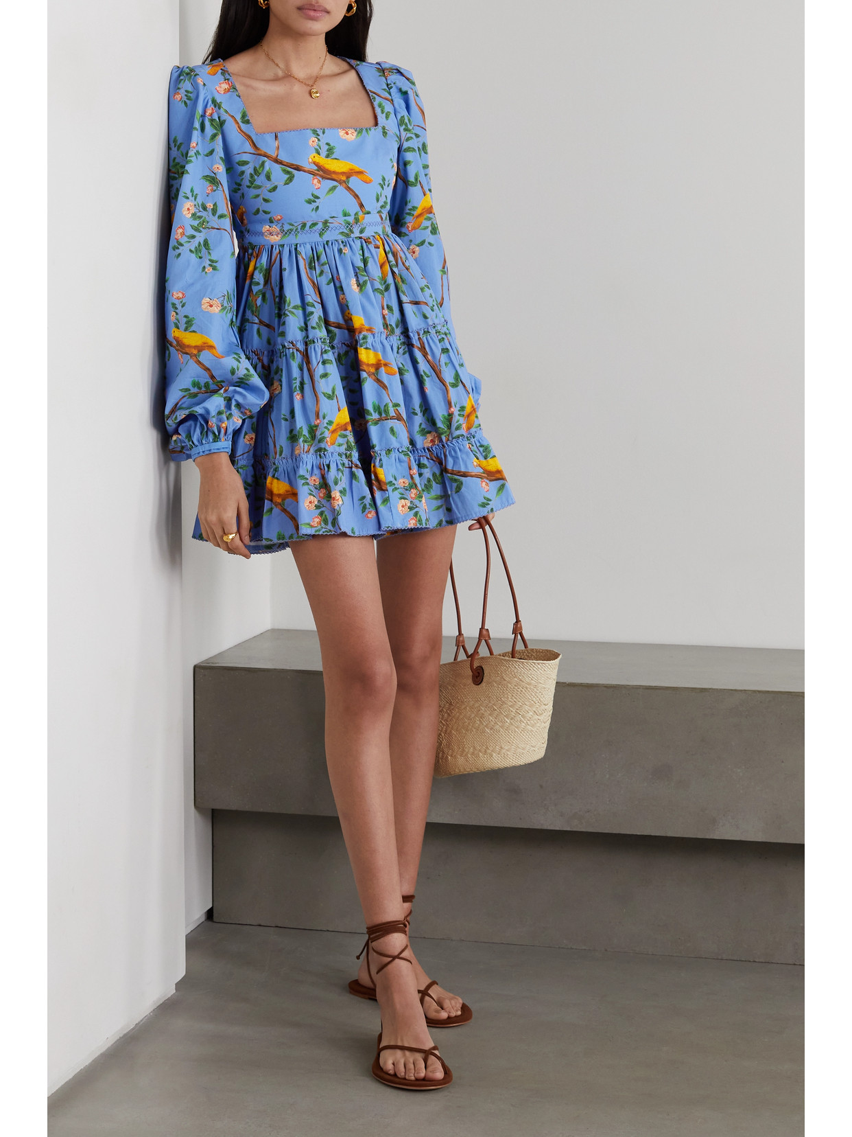 Agua By Agua Bendita Avena Square-neck Canarios-print Cotton Mini Dress In  Blue | ModeSens