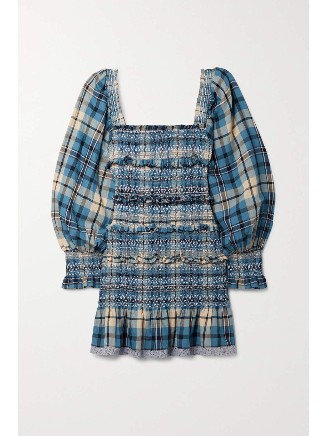 LOVESHACKFANCY STANLEY SMOCKED CHECKED COTTON-FLANNEL MINI DRESS