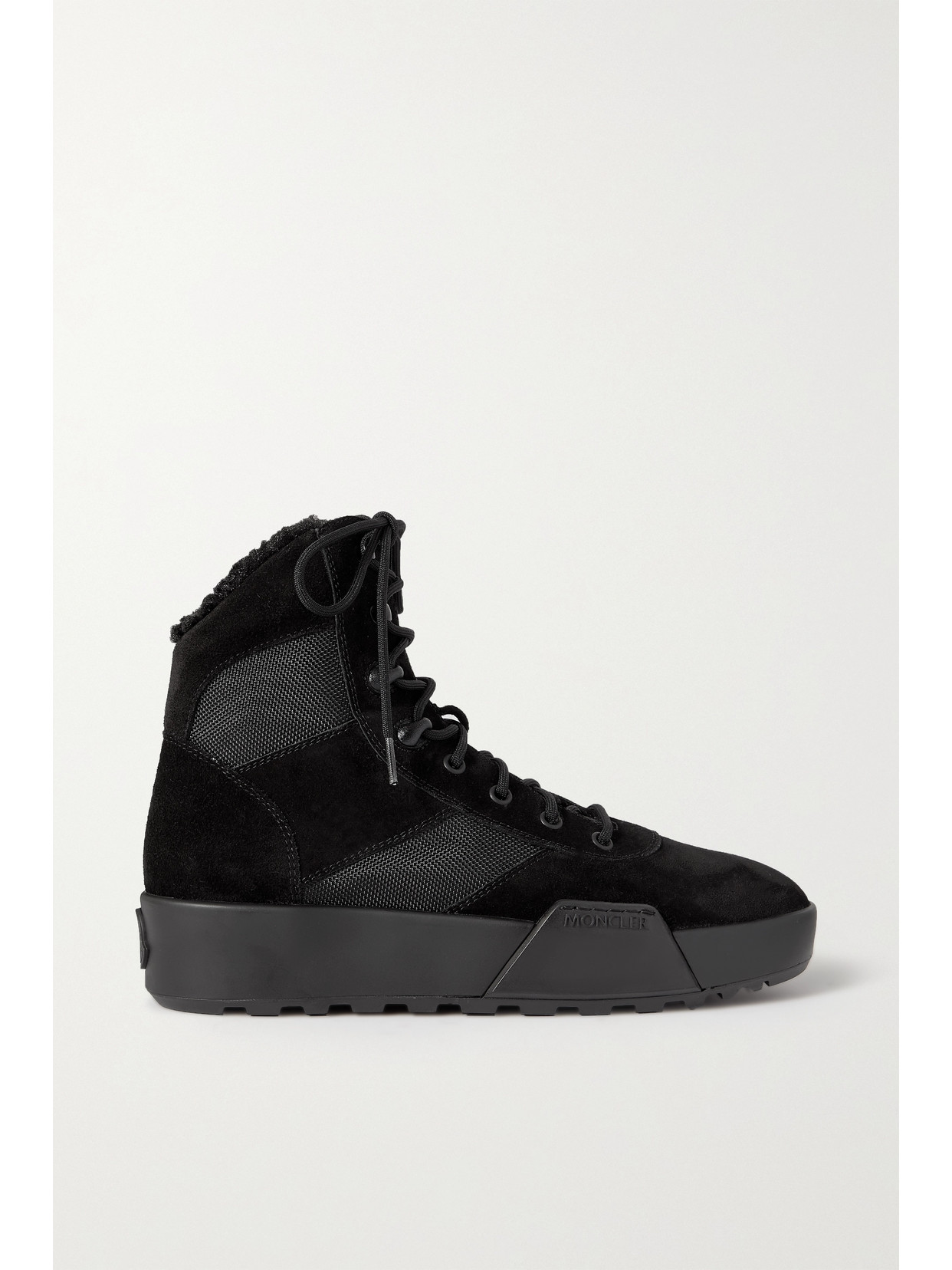 MONCLER PROMYX SHEARLING-LINED SUEDE AND MESH ANKLE BOOTS