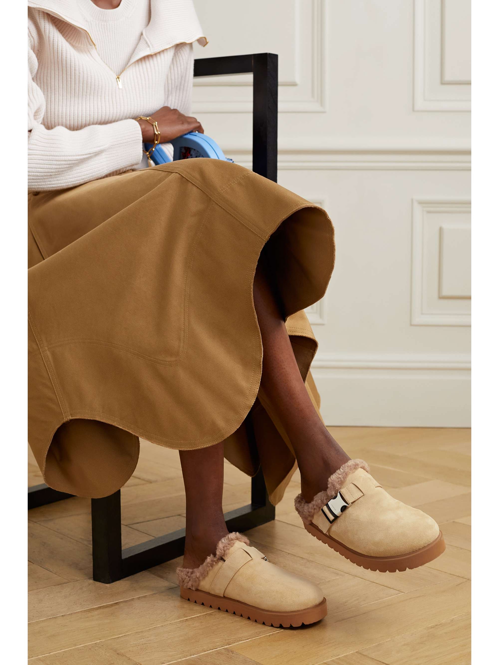 MONCLER Mon faux shearling-lined suede mules