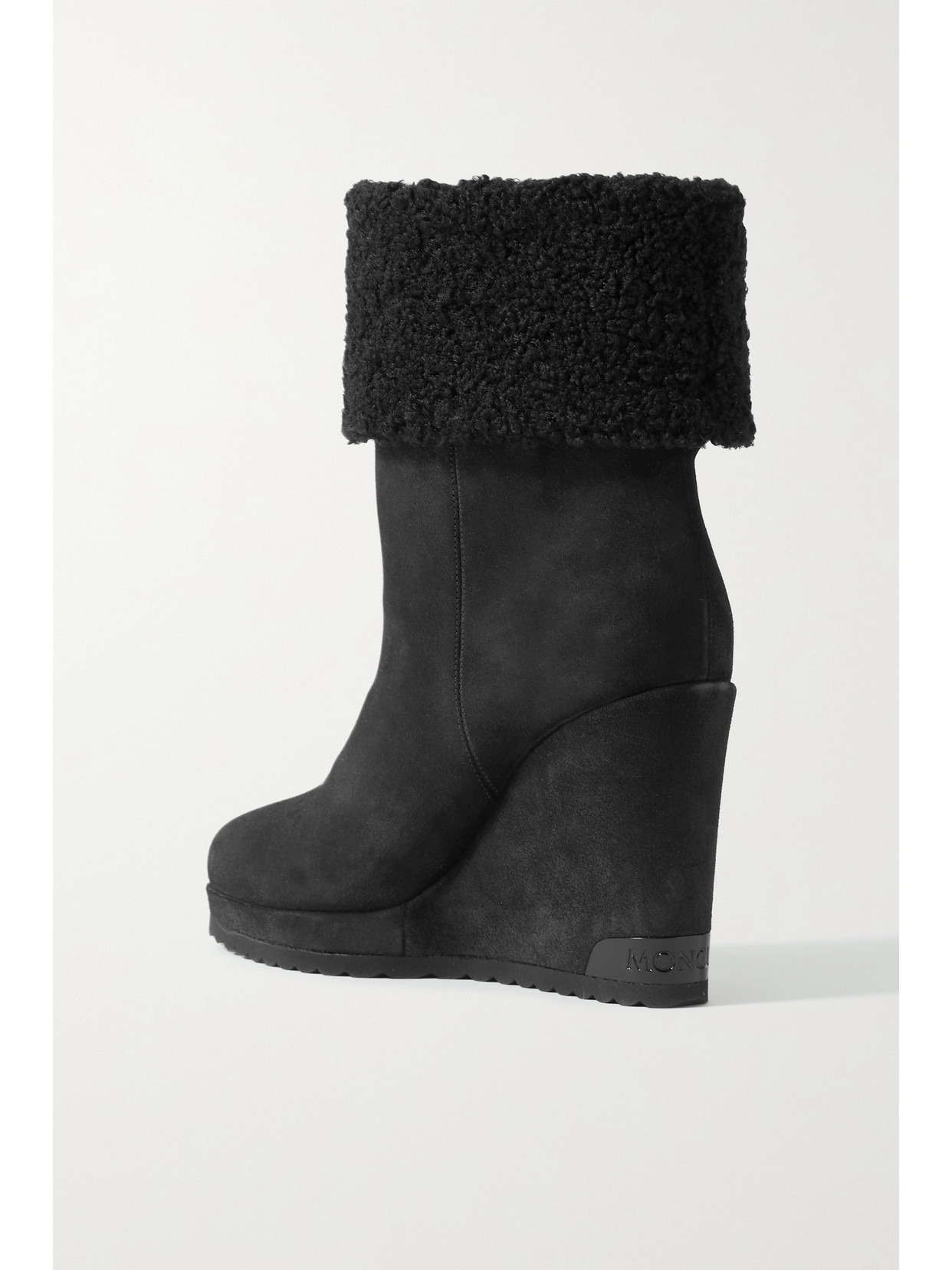 MONCLER W SHORT FAUX SHEARLING-LINED SUEDE WEDGE ANKLE BOOTS