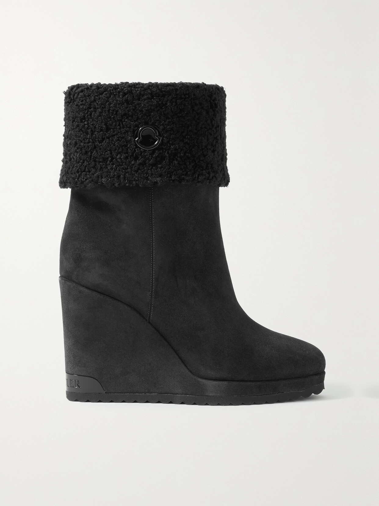 MONCLER W SHORT FAUX SHEARLING-LINED SUEDE WEDGE ANKLE BOOTS