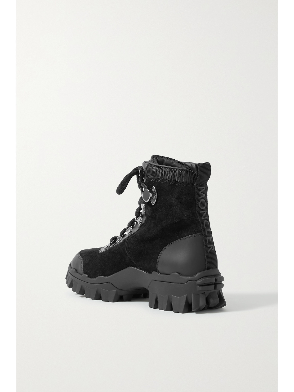 MONCLER HELIS LOGO-PRINT LEATHER-TRIMMED SUEDE ANKLE BOOTS