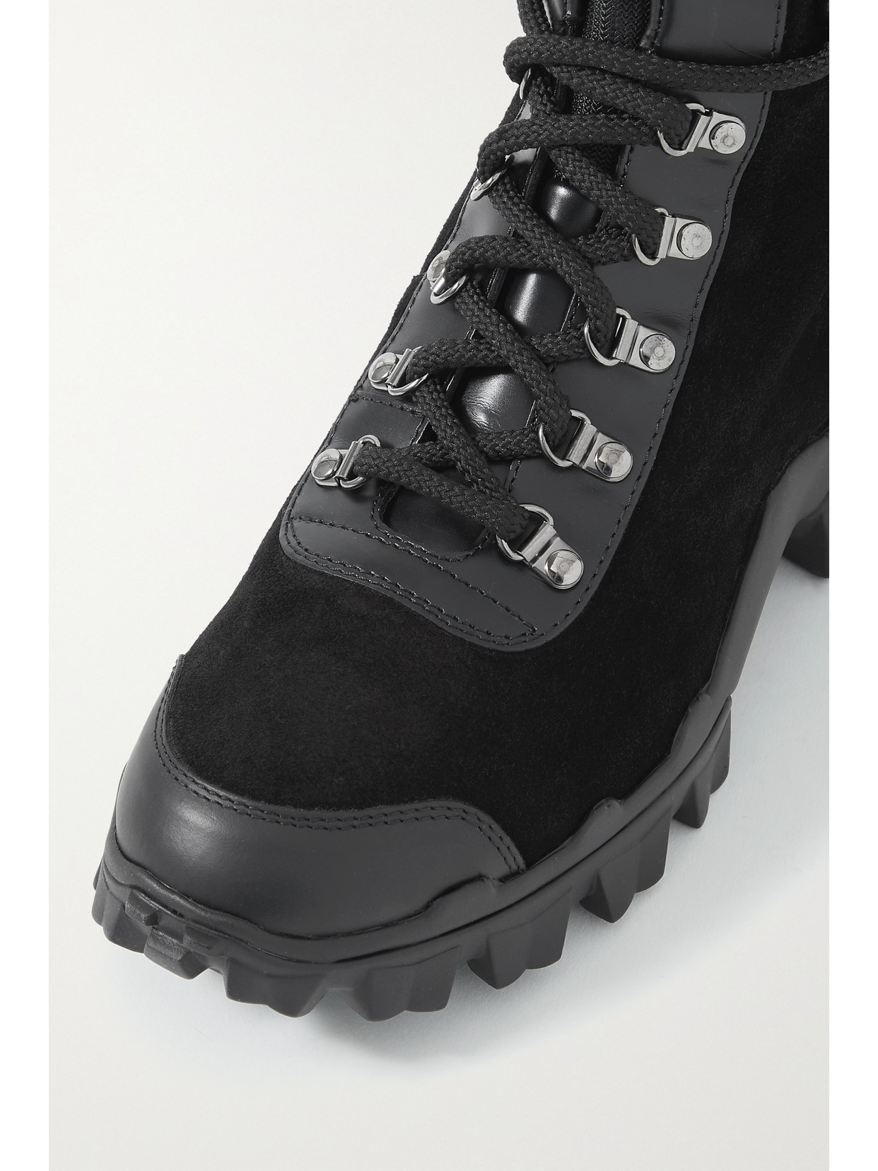 MONCLER HELIS LOGO-PRINT LEATHER-TRIMMED SUEDE ANKLE BOOTS