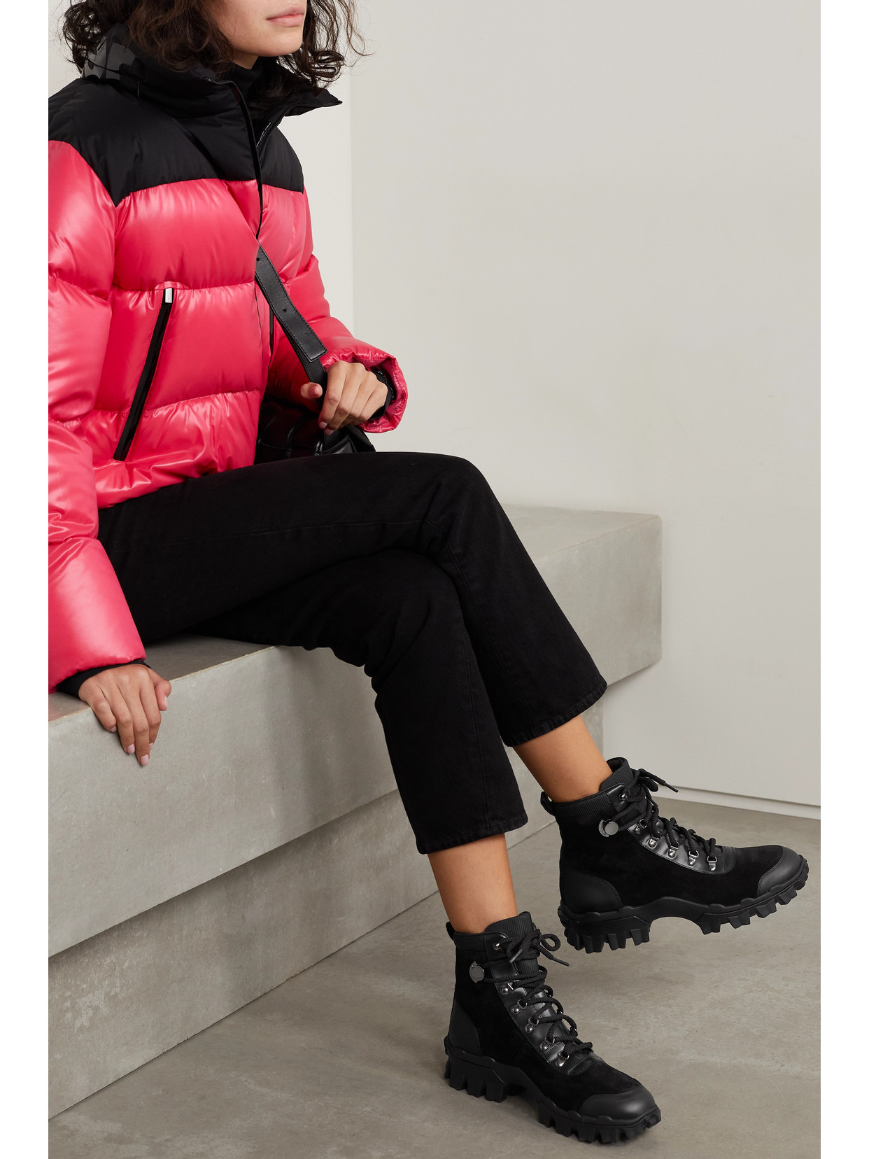 MONCLER HELIS LOGO-PRINT LEATHER-TRIMMED SUEDE ANKLE BOOTS