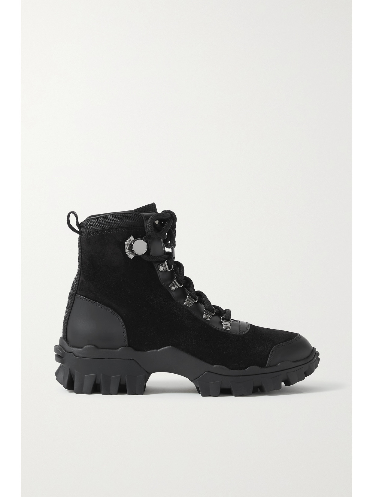 MONCLER HELIS LOGO-PRINT LEATHER-TRIMMED SUEDE ANKLE BOOTS