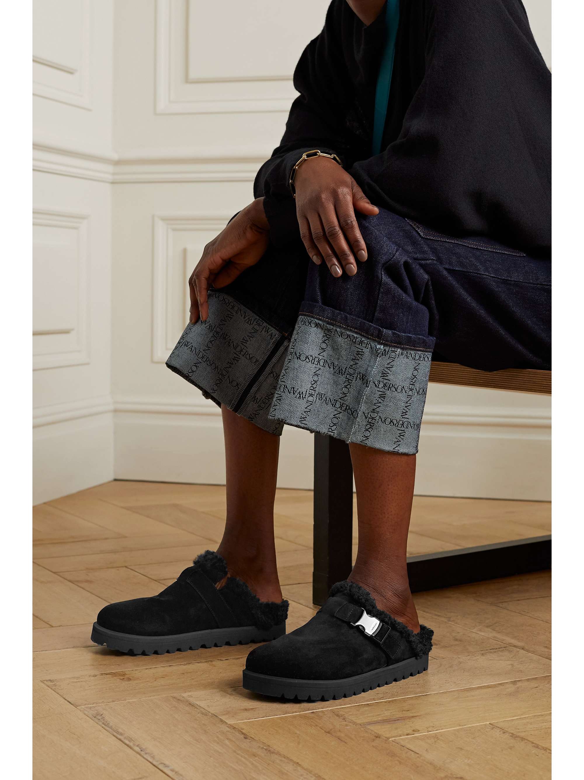 Mon faux shearling-lined suede mules