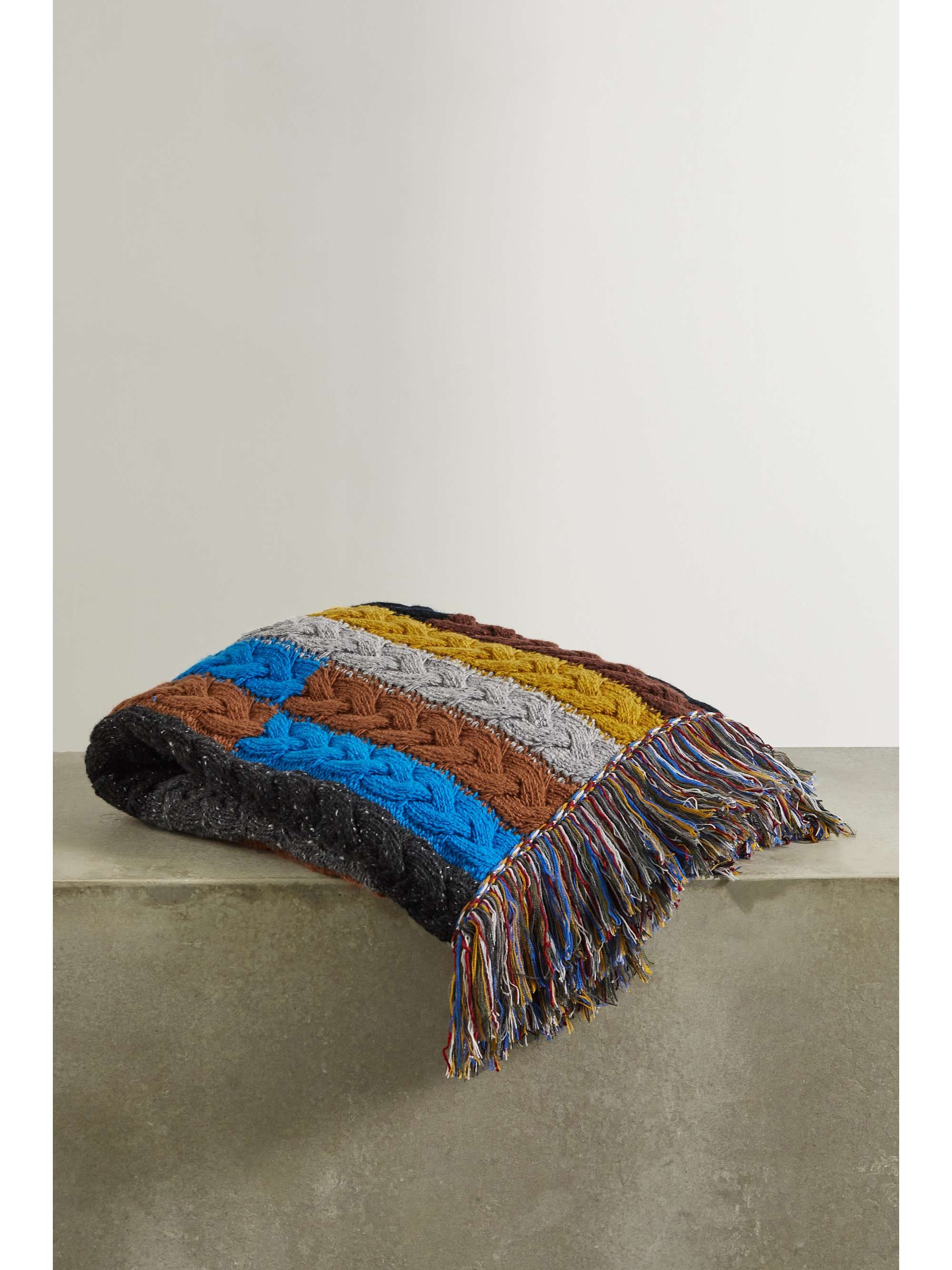 ALANUI Tierra del Fuego fringed striped cable-knit wool and cashmere-blend blanket