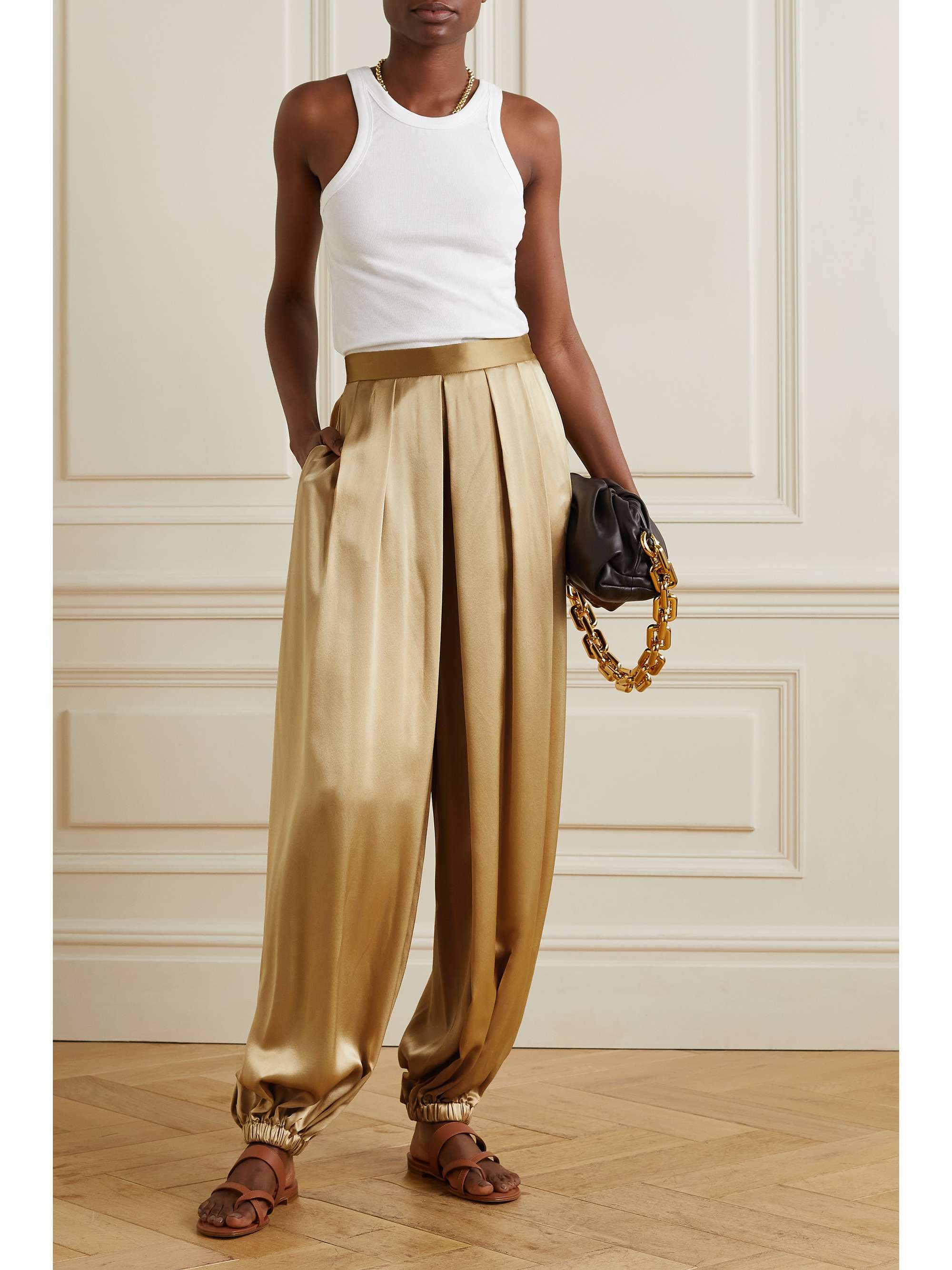 gold silk pants