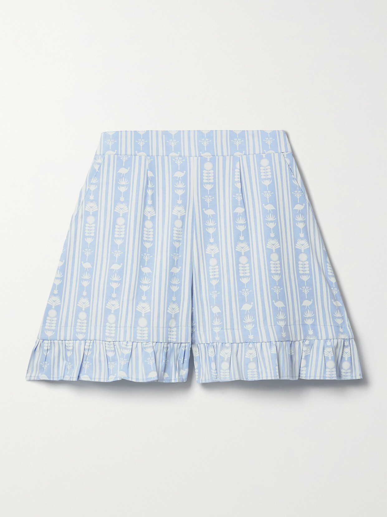Sindiso Khumalo + Net Sustain + The Vanguard Ruffled Printed Cotton Shorts In Blue