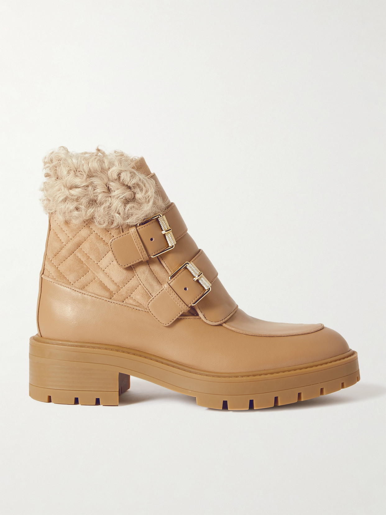 AQUAZZURA RYAN SHEARLING-TRIMMED SUEDE AND LEATHER BOOTS