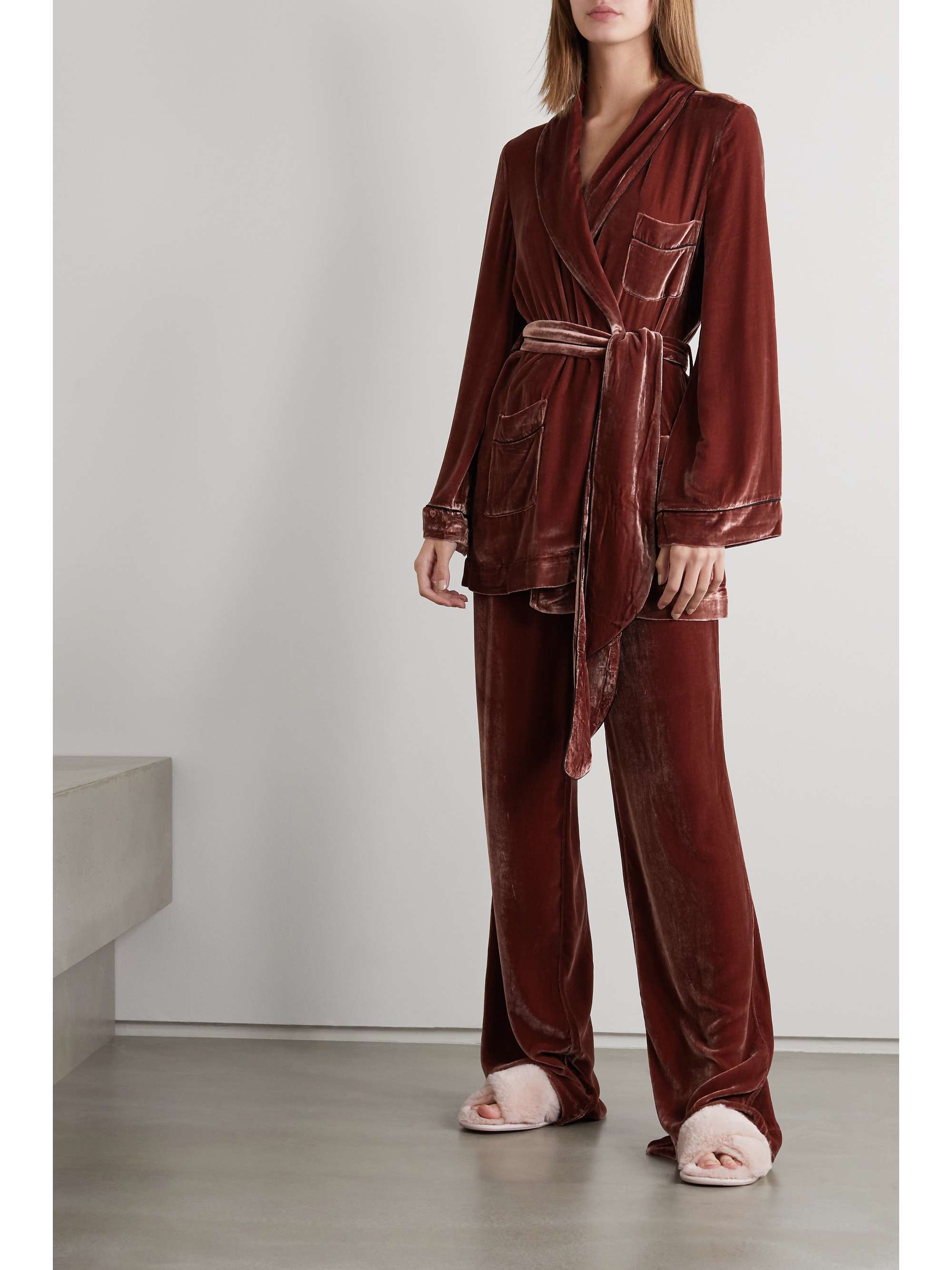 SUSTAIN piped velvet pajama pants 