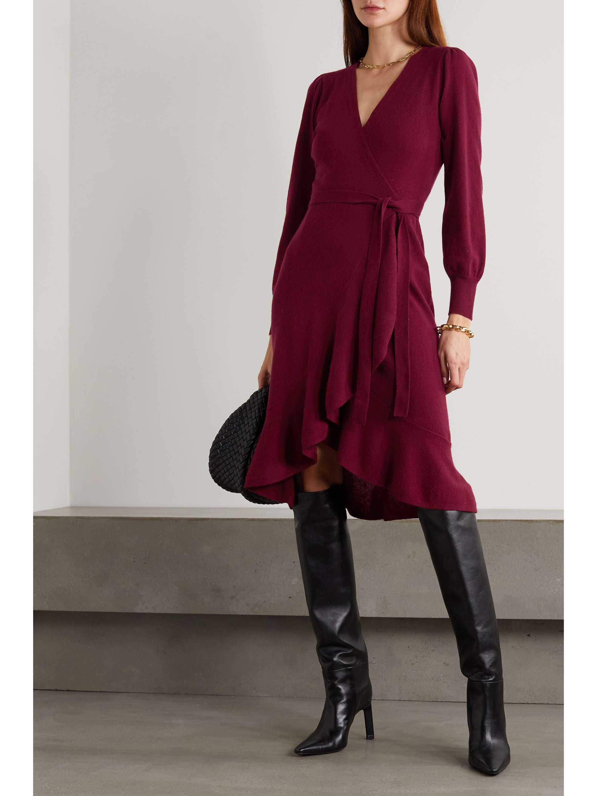 Burgundy Kennedy ruffled wool and cashmere-blend wrap dress | DIANE VON  FURSTENBERG | NET-A-PORTER