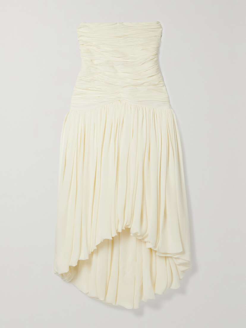 Khaite Shivani Strapless Gathered Silk Crepe De Chine Midi Dress