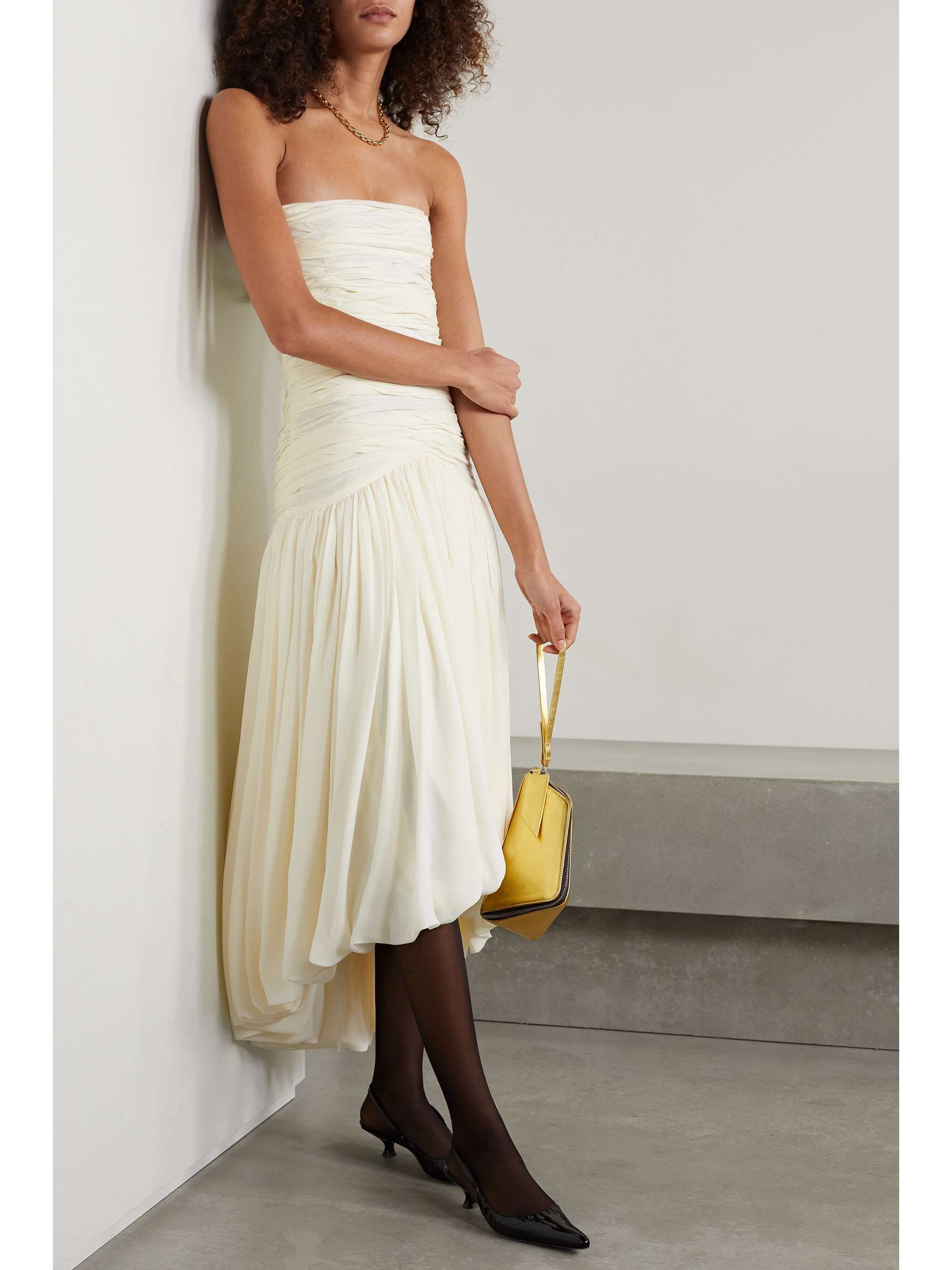 KHAITE Shivani strapless gathered silk crepe de chine midi dress