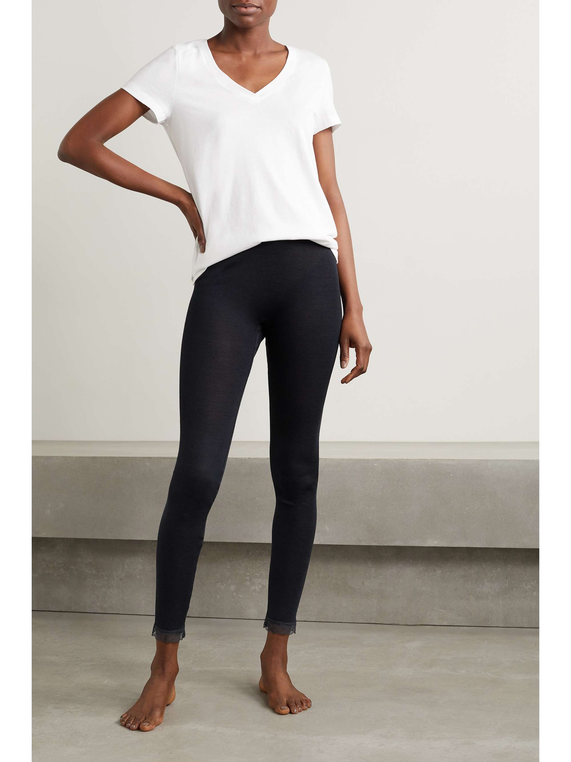 Black Lace-trimmed ribbed wool and silk 