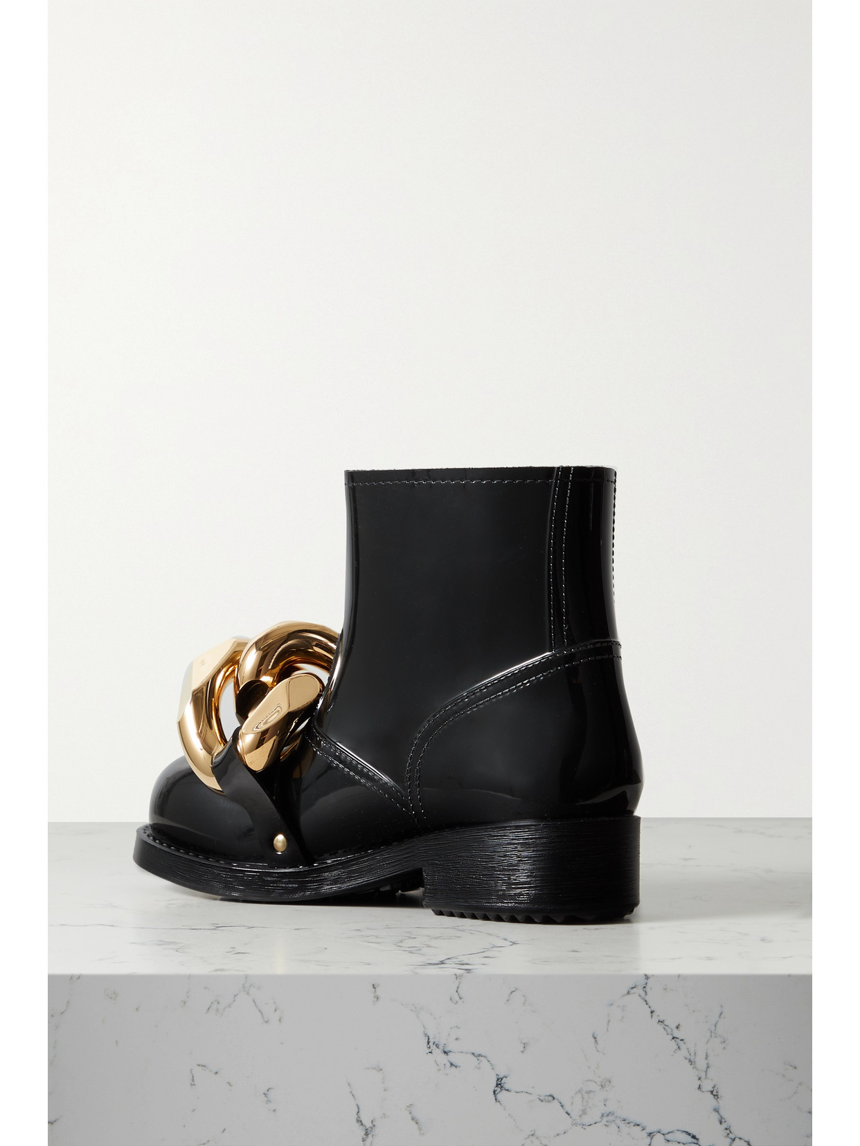 Chain-Embellished Glossed-Rubber Rain Boots
