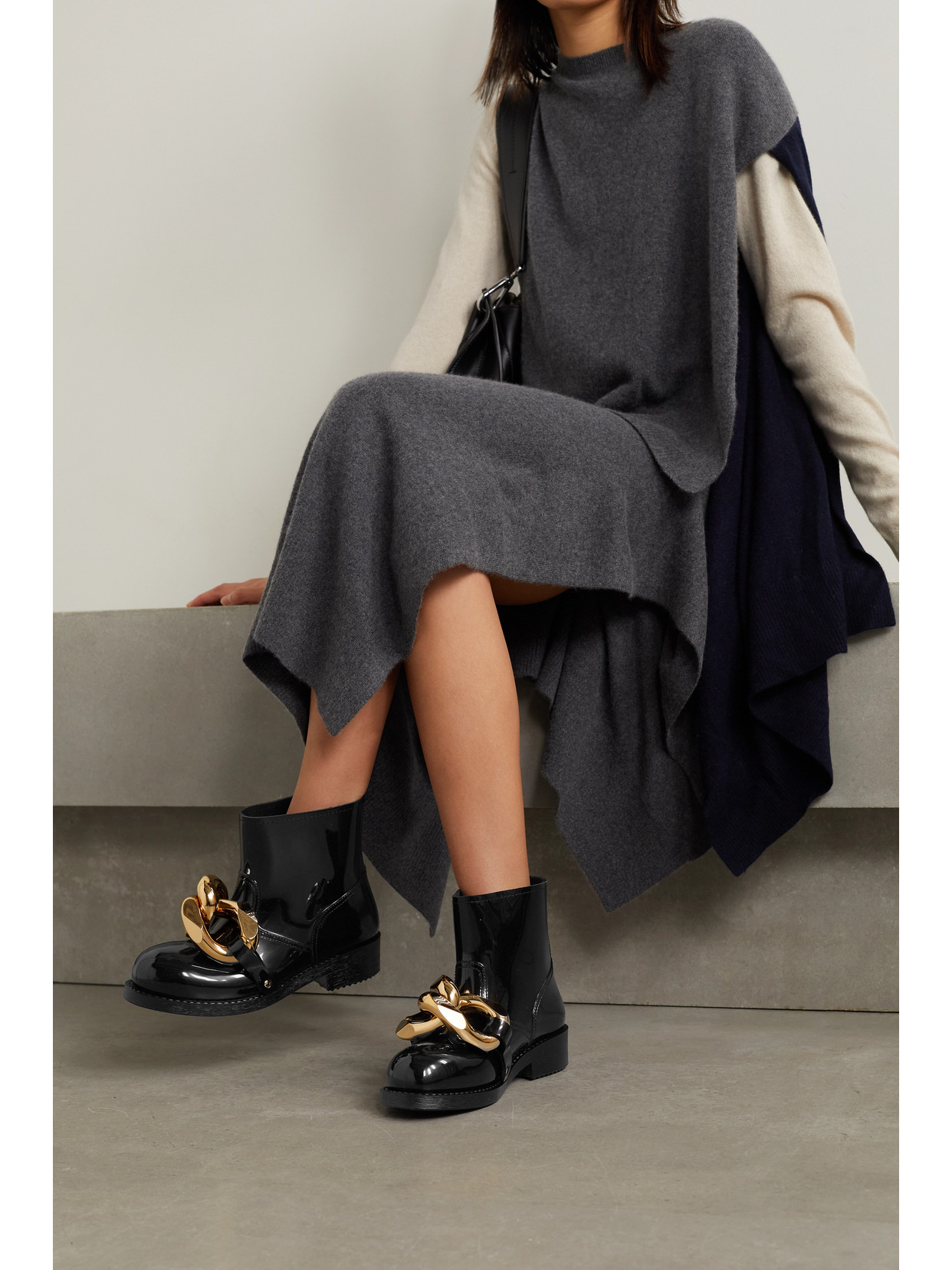 Chain-Embellished Glossed-Rubber Rain Boots