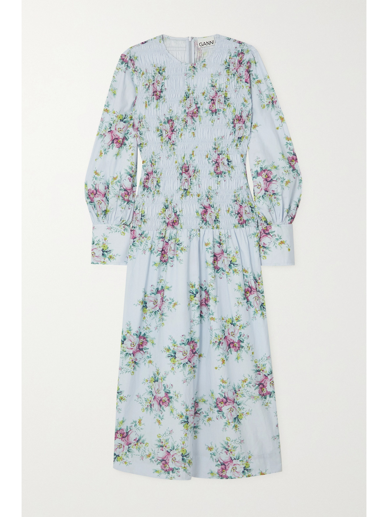 Ganni + Net Sustain Shirred Floral-print Organic Cotton-poplin Midi Dress In Blue