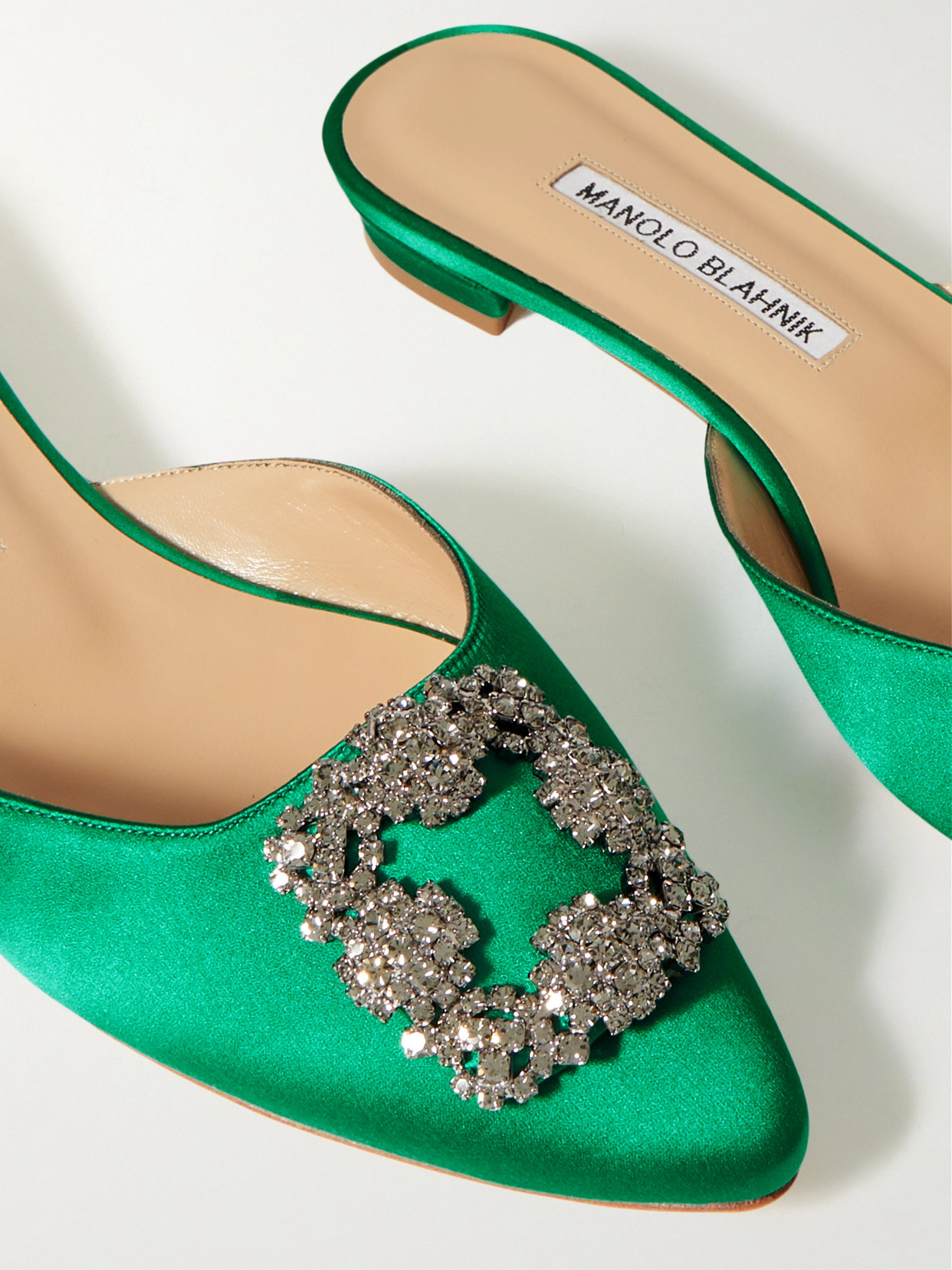 Shop Manolo Blahnik Hangisi Embellished Satin Slippers In Green