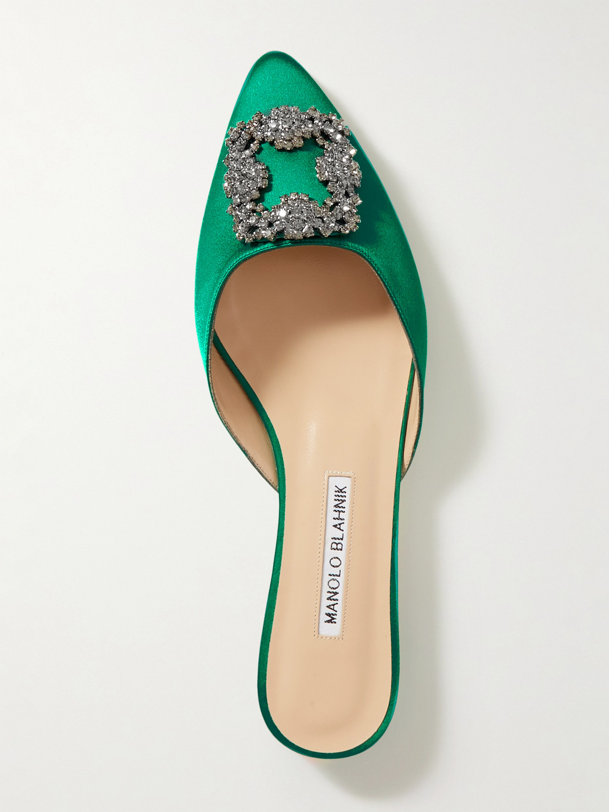 Shop Manolo Blahnik Hangisi Embellished Satin Slippers In Green