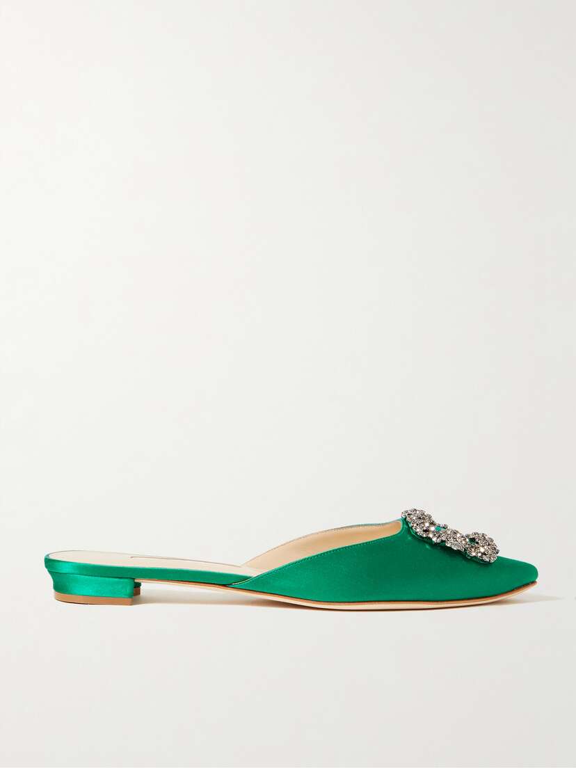 Manolo Blahnik Hangisi Crystal-embellished Satin Slippers