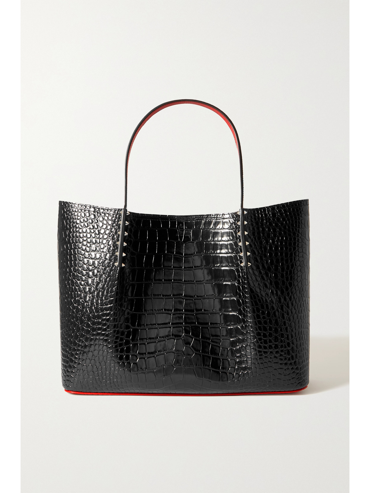 Shop Christian Louboutin Cabarock Large Spiked Croc-effect Glossed-leather Tote In Black