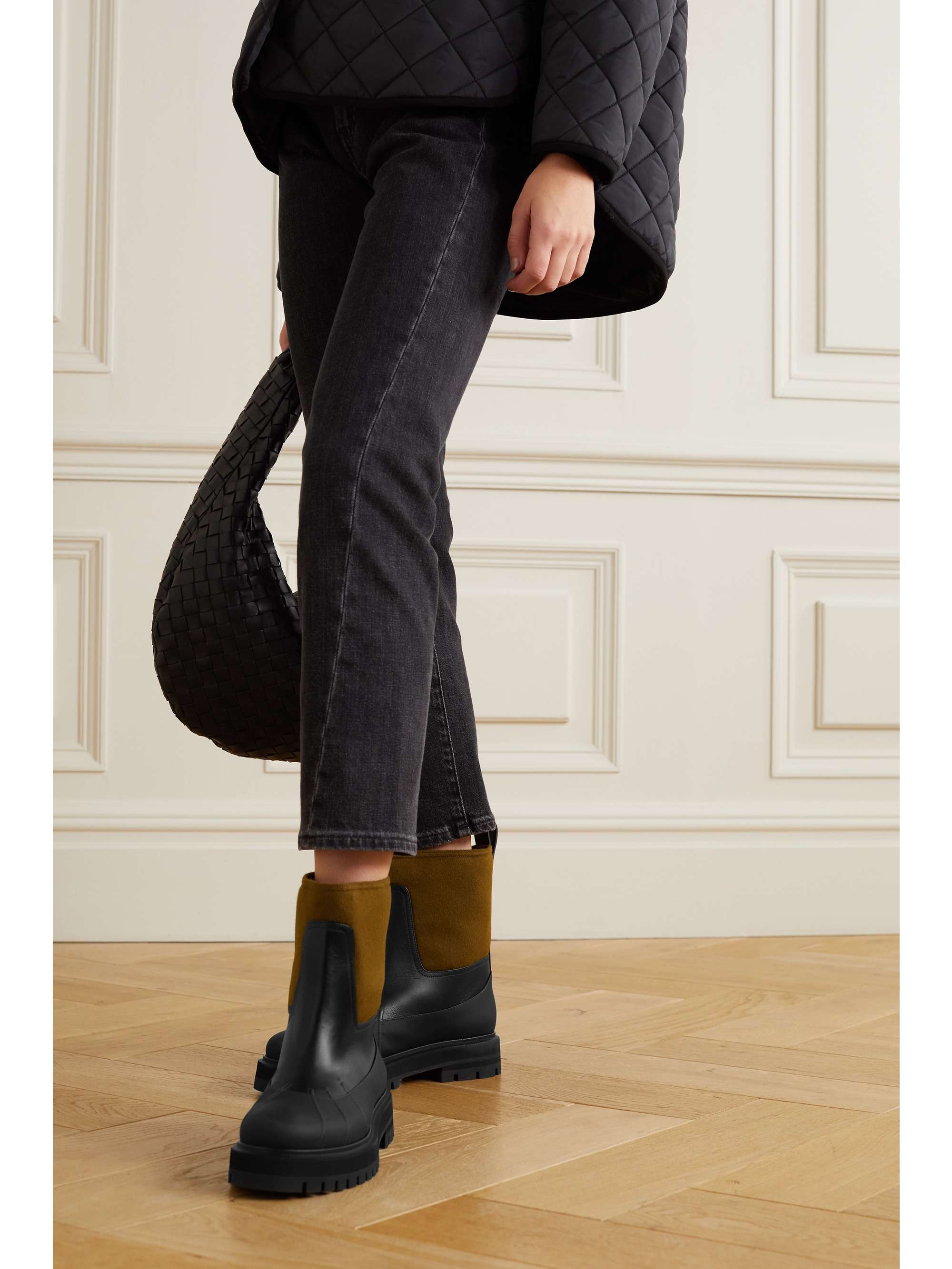 LORO PIANA Regent cashmere and silk-blend fleece and leather ankle boots