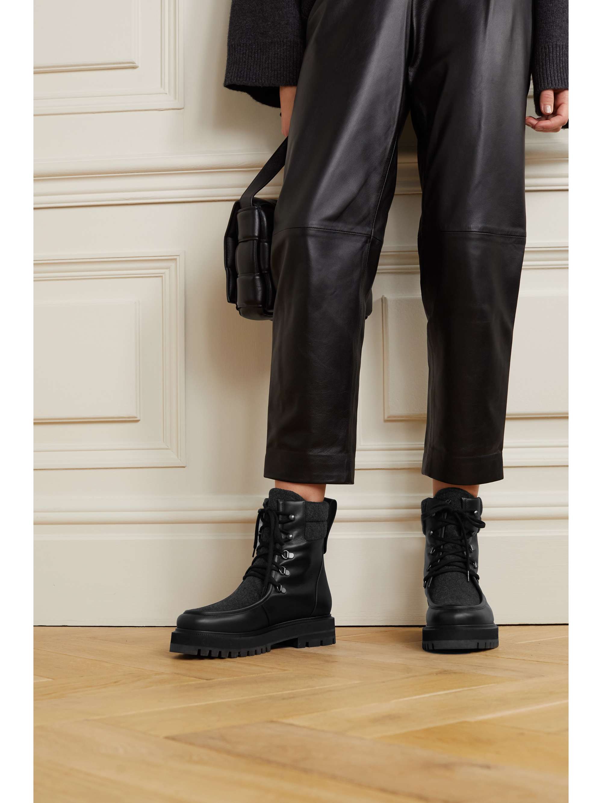 LORO PIANA Lomond leather and cashmere-felt ankle boots