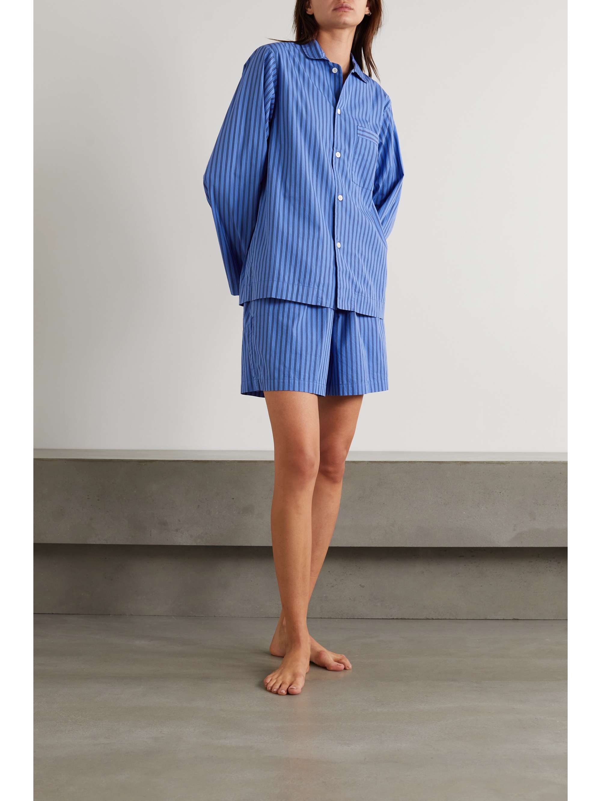 Topshop cotton poplin piped shirt and pants pajama set in blue