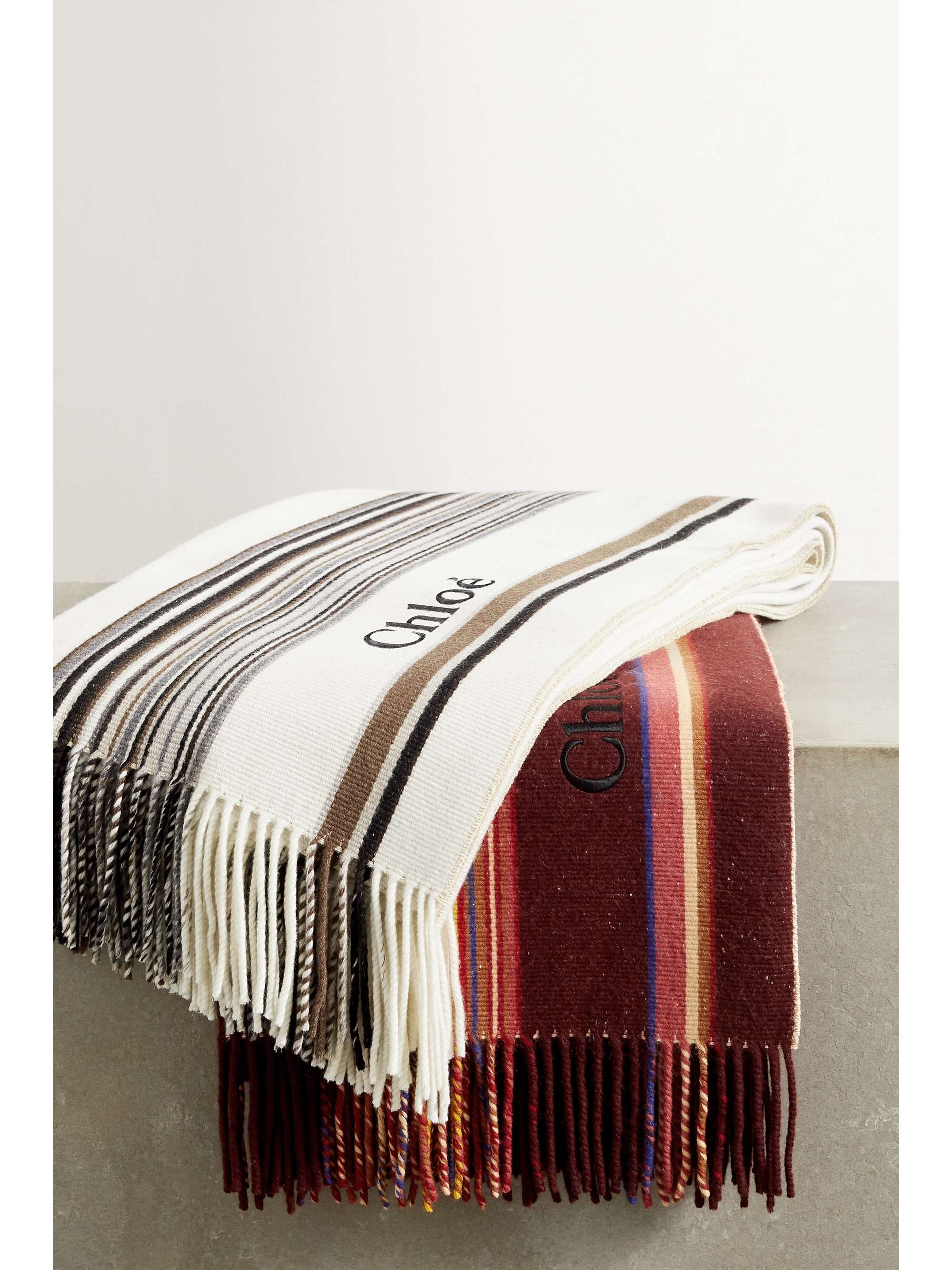CHLOÉ Fringed striped cashmere and silk-blend blanket