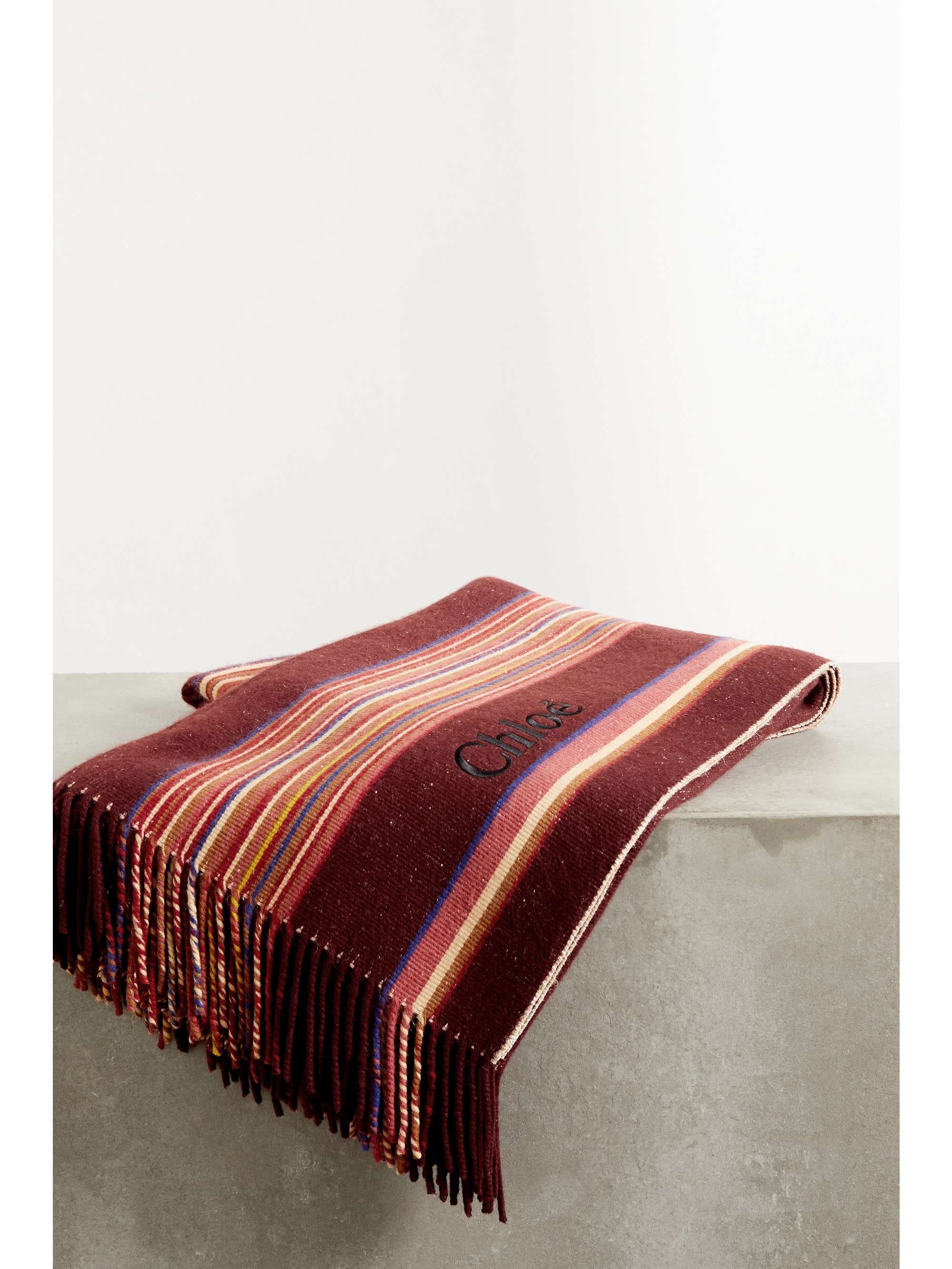 CHLOÉ Fringed striped cashmere and silk-blend blanket