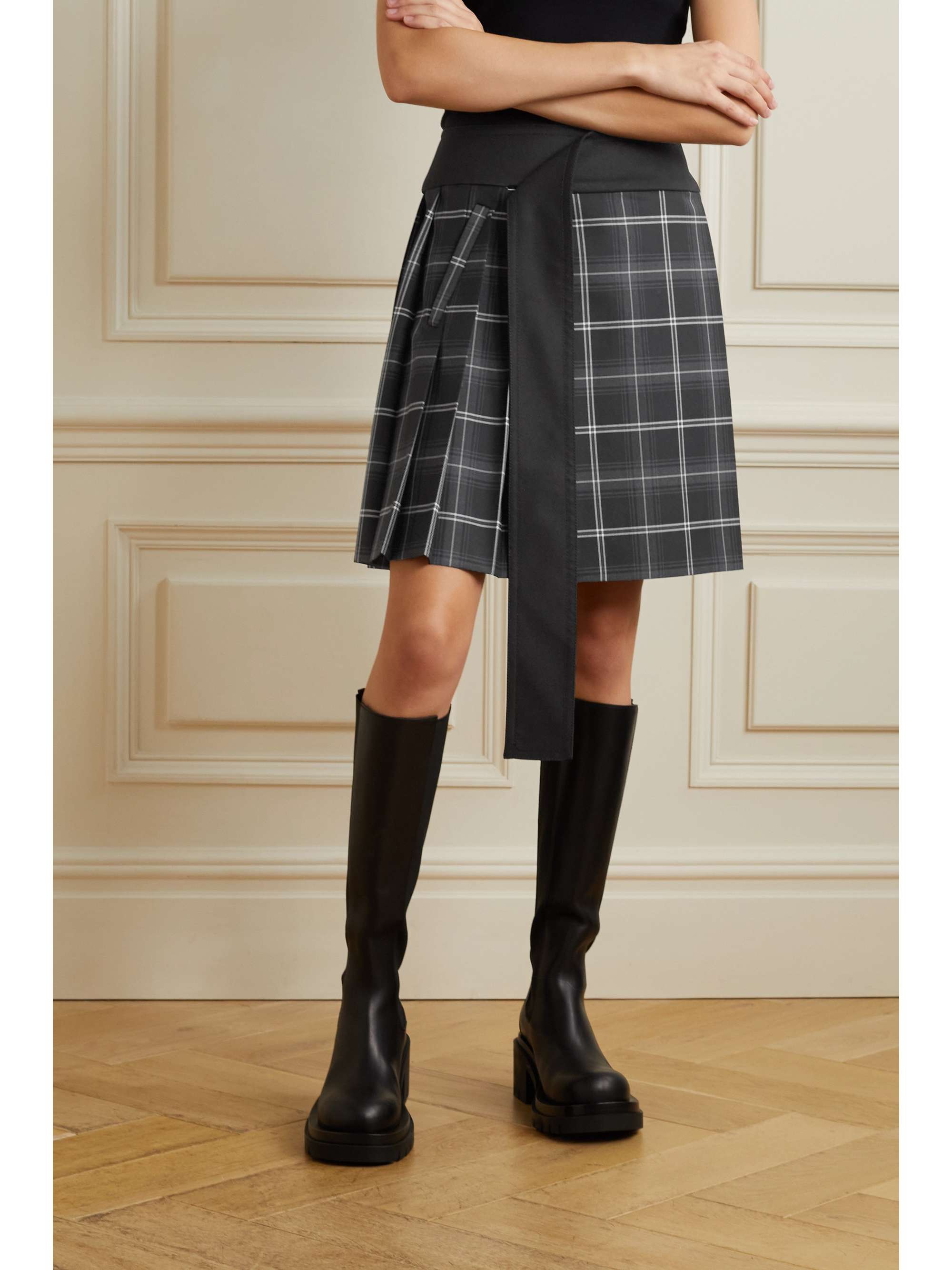 MERYLL ROGGE Twill-trimmed pleated checked wool-blend mini wrap skirt