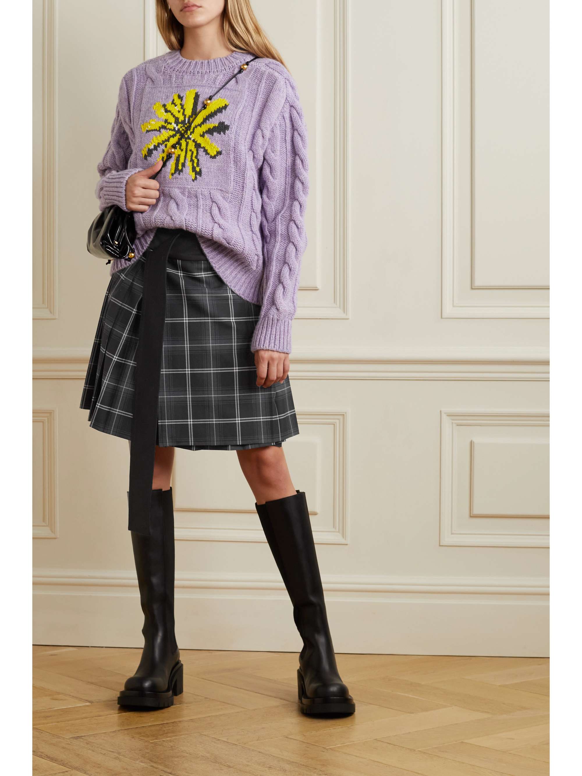 MERYLL ROGGE Twill-trimmed pleated checked wool-blend mini wrap skirt
